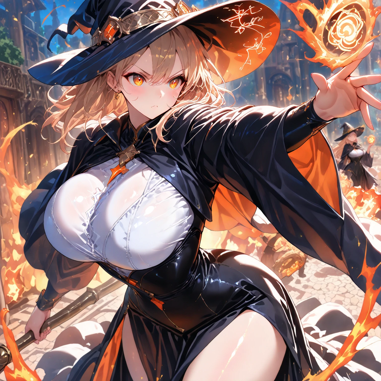 (top-quality: 1.3), (masterpiece: 1.3), (The ultra-detailliert: 1.3), (wall-paper, one girls: 1.1)、(Detailed hands and fingers:1.2)、(Detailed ultra-oily shiny skin:1.1)、oily shiny thighhigh、Sorcerer、(Wizard Hat:1.3)、(The wizard's black cloak:1.2)、(Beautiful grey high neck leotard:1.4)、(Brown pantyhose:1.3)、grass field、(blondehair:1.3)、Medium Hair、bobhair、ssmile、(Beautiful Large Breasts:1.3)、Beautiful sister、(is standing:1.2)、sexypose、A wizard's wand with a single long handle、a belt、Unleash the magic of fire