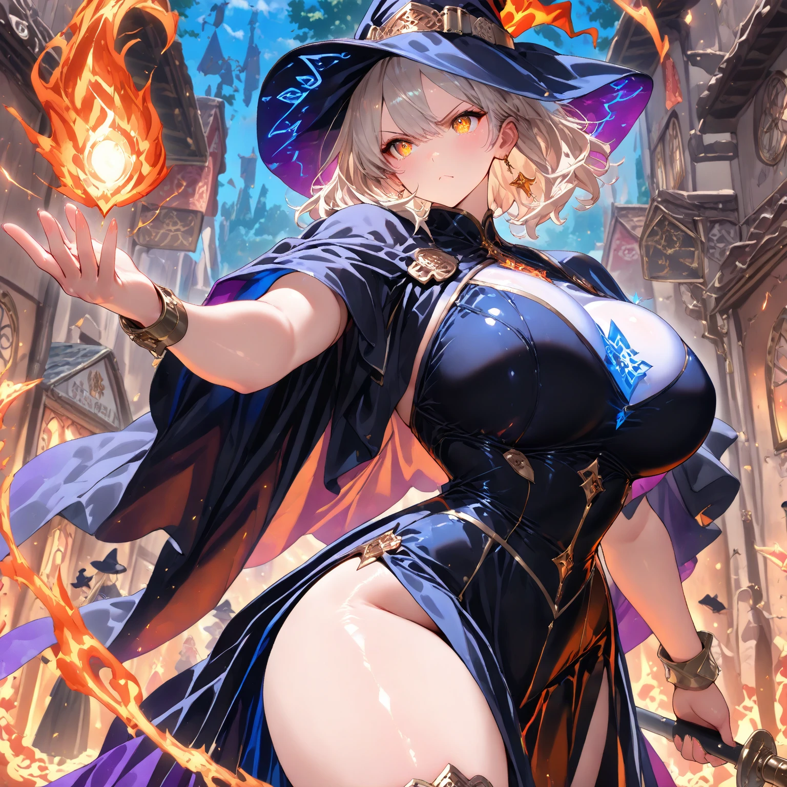 (8K, Best quality at best, tmasterpiece:1.2),\(Eyes detailed\),\(facial feature\),(\(clothes details details body lesbian,(surface focus) ,Very detailed CG unified 8k wallpaper,hugefilesize,ultra - detailed,A high resolution,Huang Li,beautidful eyes,ray traycing,Dramatic shadows,Detailed pubic hair,dramatic angles,hyper-detailing,(1 girl:1.3),(Alone),Mature woman,High and high,big breasts body,blond hairbl,Extra-long double ponytail,blond eyes,Bigchest,Long breasts,humongous large breast,,Thigh fat,mages,Willow waist,(Purple gold embroidered magic robe),Witch hat.magic space,dark stormy clouds,Thunder and lightning in the sky,(circular magic circle in the sky:1.2)+(Huge golden magic circle:1.2)+(A magic circle inscribed with blasphemous verses:1.3),