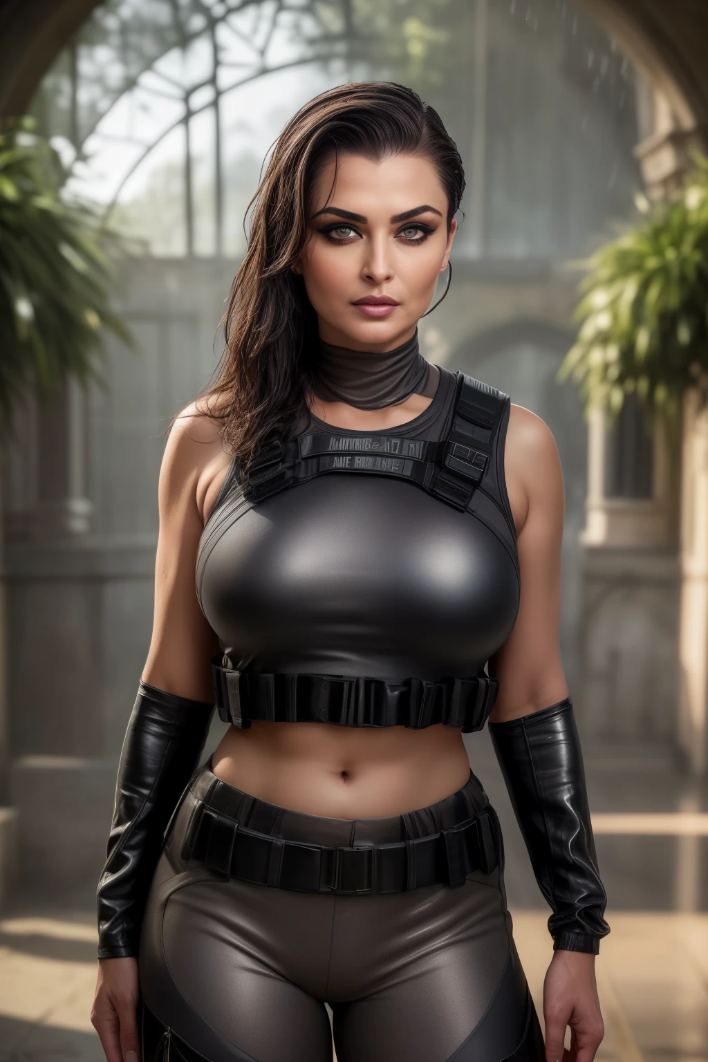 Bright sunny day scene, full body of SEXIEST 45YO MILF AISHWARYA RAI, army commando lady, sweat on body, sweaty cleavage, MEDIUM breasts, mature milf thick curvy figure, posing in desert, black pants and boots and crop top, wet hair, seductive face, look at camera and winking, black ponytail hair, erotic adult face, 45yo, soft volumetric lights, (backlit:1.3), intricate details, (ArtStation:1.2)