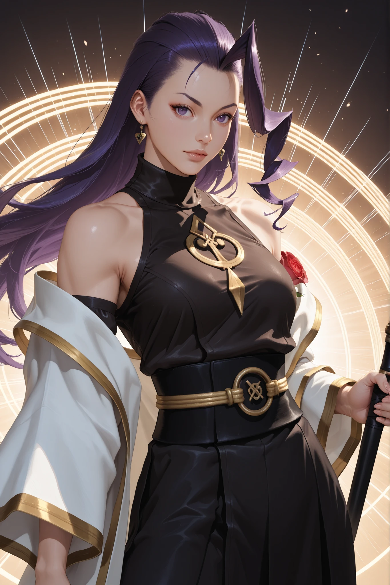 Masterpiece, ultra-detailed, 8K, HD, dynamic angle, sexy pose, cinematic lighting, semi-realistic style. Perfect face, ((detailed eyes)), ((perfect eyes)), ((realistic eyes)), perfect hands, perfect posture. ((cowboy shot)), (((Rose from Street Fighter reimagined as captain of the 9th division))), (((white haori adorned with intricate golden trim in spiral and arcane designs))), ((black kimono with flowing violet accents))). Best quality, semi-realistic aesthetic, harmonious composition, immersive depth, cinematic lighting. 2D semi-realistic, ((solo)), (((1woman))), graceful yet commanding energy in the air, serene and wise expression, ((perfectly feminine features)), holding a staff-like Zanpakutō with an ornate spiral design, aura gently radiating Reiatsu energy like soft ribbons in the wind, standing atop an intricate bridge overlooking Seireitei during golden hour, (((RoseSF))), purple hair, purple eyes,ahoge, single hair intake, turtleneck, ((hair slicked back)), long hair, bare shoulders, yellow shawl, (((adult))), ((30 years old)), medium breast