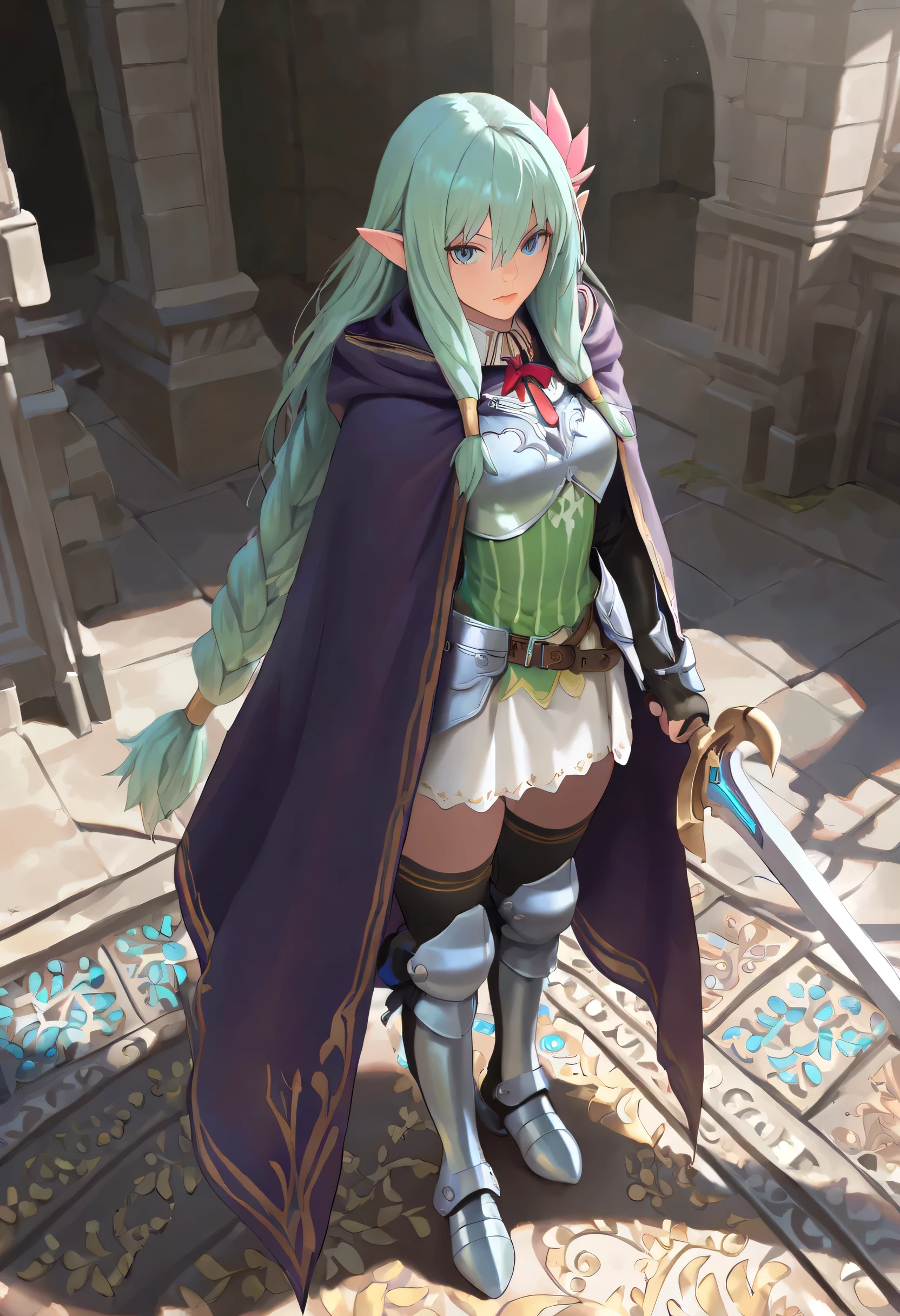 a picture of a female elf, fantasy swashbuckler, fantasy fencer, armed with a slim sword, shinning sword, magical sword, metallic shine, colorful clothes, full body, epic beautiful female elf, nlond hair, braided hair, small pointed ears, wearing  purple cloak, long cloak, wearing elven leather armor, sense of daring, sense of adventure fantasy street, high details, best quality, 16k, [ultra detailed], masterpiece, best quality, (extremely detailed), dynamic angle, ultra wide shot, photorealistic, RAW, fantasy art, realistic art,((best quality)), ((masterpiece)), (detailed), perfect face, fantasy, Cinematic Shot, dvr-hgh-fnt, runemagic