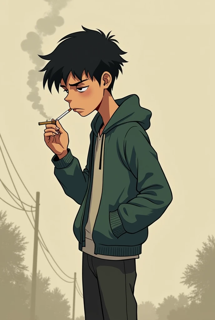 a boy with his back to the wall, one of his hands is in his pocket while the other smokes a cigarette, he is wearing white Nick sneakers, black cargo pants, white t-shirt with jacket over it and his hair is up to his ear