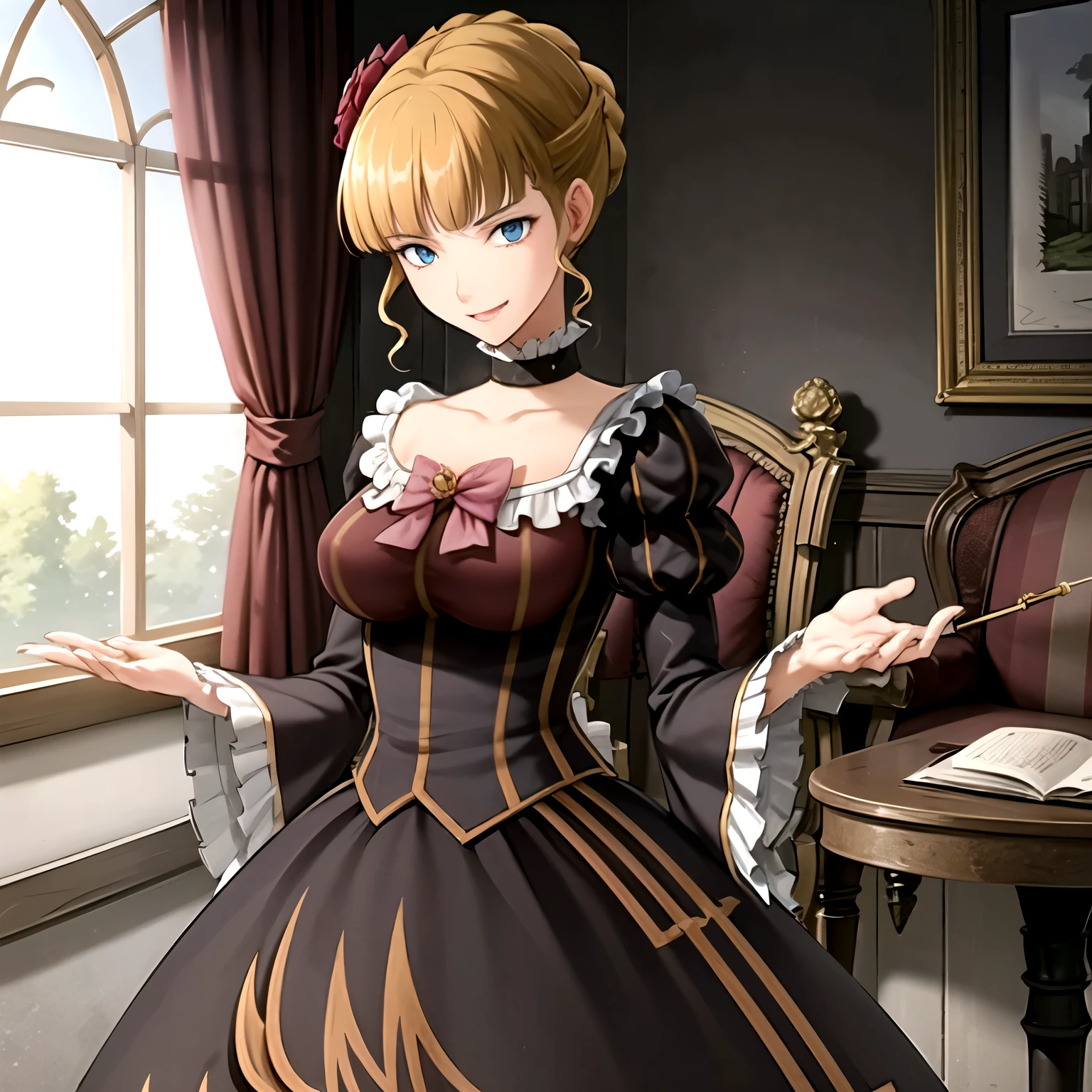 masterpiece, best quality, highly detailed, 1girl, blonde drill hair, gothic ta dress, golden butterflies, pipe in hand, arrogant smile, elegant pose, victorian furniture, (elaborate dress details:1.2), gold decorations, deep red curtains, antique books, floating tea cups, candlelight, dramatic shadows, mansion interior, elaborate hair ornaments, proud expression, aristocratic features, golden eyes, perfect posture, renaissance painting style