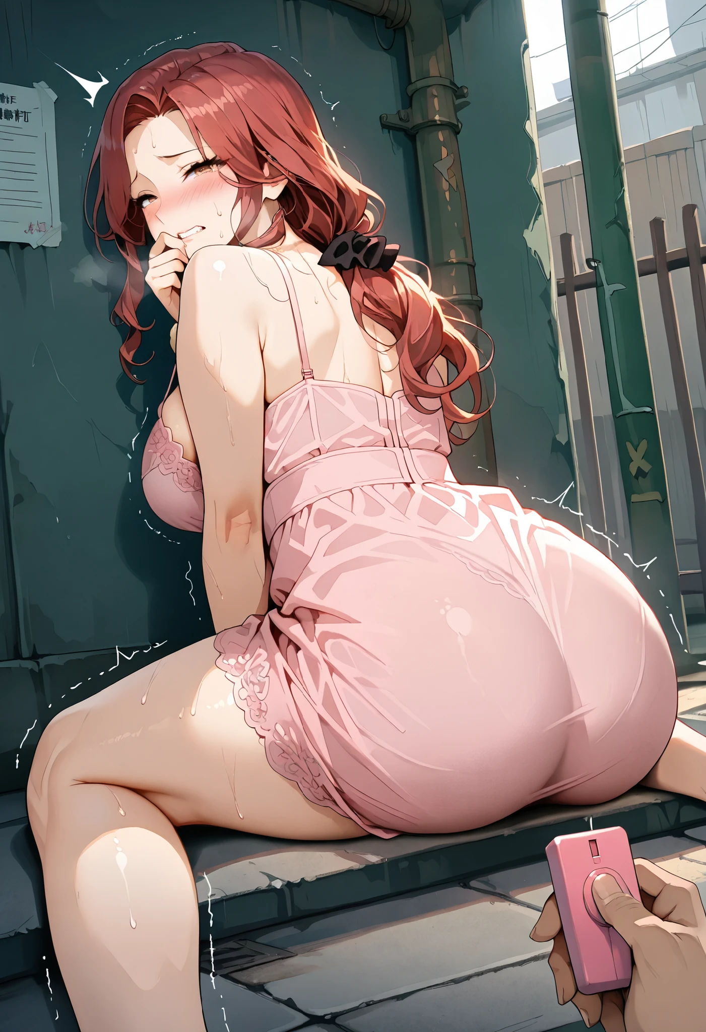 ( 1 mature woman 1 man), attractive mature woman , Big , red hair, Long Hair, light brown eyes, Sensual look , is dressed in a charming flowery dress , short pink dress, alley , is sitting on the floor , Back resting on the ground, Legs separated, weakness, legs shaking, bothers, thighs , a big plump butt , big hip, erotic, sensual, ecchi, pretty eyes , squinting eyes, Resignation, she's worried , tight teeth, perfect body , blush, indecisive people , closed angle , half a visible body , thin body, 4k, sweat, humidity, pretty eyes , Fence angle , closed angle, POV holding vibrator remote, Hand Over Own Mouth , visible lingerie , open knees,