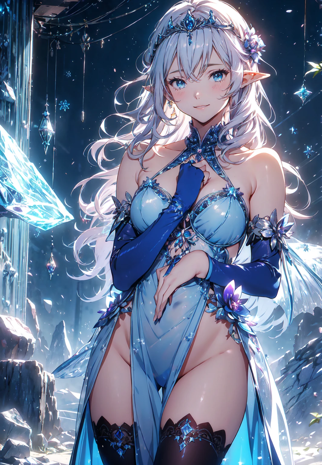 最high quality、1 woman elf facing forward、Succubus、(( cowboy shot ))((underwear))'((low angle1.5 ))、beautiful瞳、tears、、beautiful装飾、brassiere、panty、Ice tiara、Swirling Ice、Crystal of snow、A world made of ice、最high quality , fractal art.Ice Throne、ice World、bikini、beautiful胸、Large Breasts ((Laugh beautifully、))((Glowing ice ))SMqueen、beautiful顔、Orgasm、Ecstasy、全身beautiful装飾の下着、World of Illusions、Ice crystals、Crystal of snow、Ice wall、ice World、Bigger on the front、 beautiful輝き,High-definition depiction, Realistic, 8k, Unity, beautiful太もも,,Giant Devil's Wings、虹colorに輝く翼、、 light smile, Beautifully and vividly drawn, , beautiful beautiful透き通る肌、輝くbeautiful装飾の魔法、、beautiful装飾、 , beautiful、 Romanticism,mosquito。 混沌の最もbeautiful形, Mr..々color, Intertwined flowers, P article,Magical gentle light,smile,,image quality、masterpiece、beautiful顔、Super beautiful elf woman((Big breasted 22 year old office lady、Bust 120,Beautiful long ironed hair、Silver Hair、height: 165cm。、Esbian、、high quality、、Visual Arts、最high quality、1 womanエルフ NP: Worst quality ,beautiful fractal art 、frozen、、light、Beautiful radiance,High-definition depiction, Realistic, 8k, Unity, , light smile, Beautifully and vividly drawn, , Beautiful, beautiful, clear skin、 Countless rays of light pouring down, Swirling Light, big background, , Intense light is emitted from the magic circle in front of the girl. Romanticism,Cowboy Shot: 最high quality snow palace Artwork、uhd