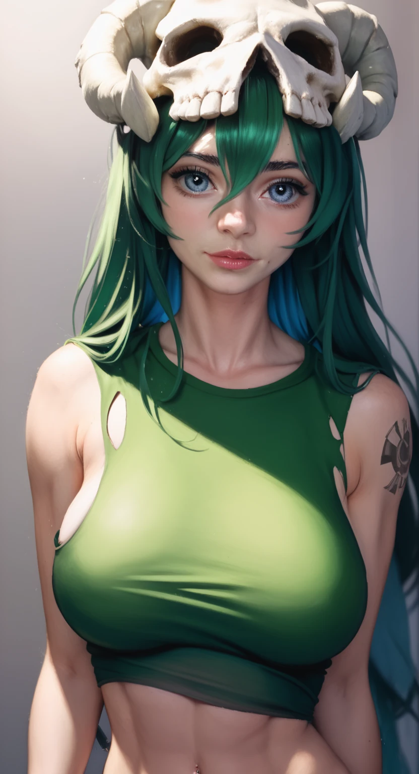 (((Perfect figure,figure,odelschwanck,green clothes,(((In the, long hair, facial mark, hair between eyes, skull,skirt,yellow eyes))),S-shaped figure:1.7))),((masterpiece)),high resolution, ((Best quality at best)),masterpiece,quality,Best quality,((( Exquisite facial features,looking at the audience,There is light in the eyes,Happy,nterlacing of light and shadow,huge boobs))),(((looking into camera,black background,)))