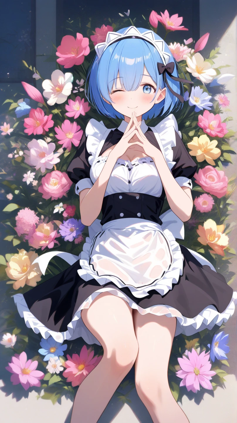 1girl, rem \(re:zero\), re:zero kara hajimeru isekai seikatsu,maid,maid dress,katyusha,sitting on the seat,wariza,smile,natural lighting, outdoor picnic, sunny day,masterpiece, best quality, absurdres,