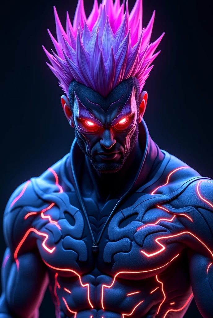 Close up face of young guy with tattoo on his body, tatto on face, Red hair, red eyes, bloodlust eyes, grinned, evil smile, sharp teeth, Double eyes, Angry expression, Evil guys, blue LED light effect, Glitch effect, Best quality, masterpiece, high resolution, 8k, detailed, ultrarealistic, Amazing