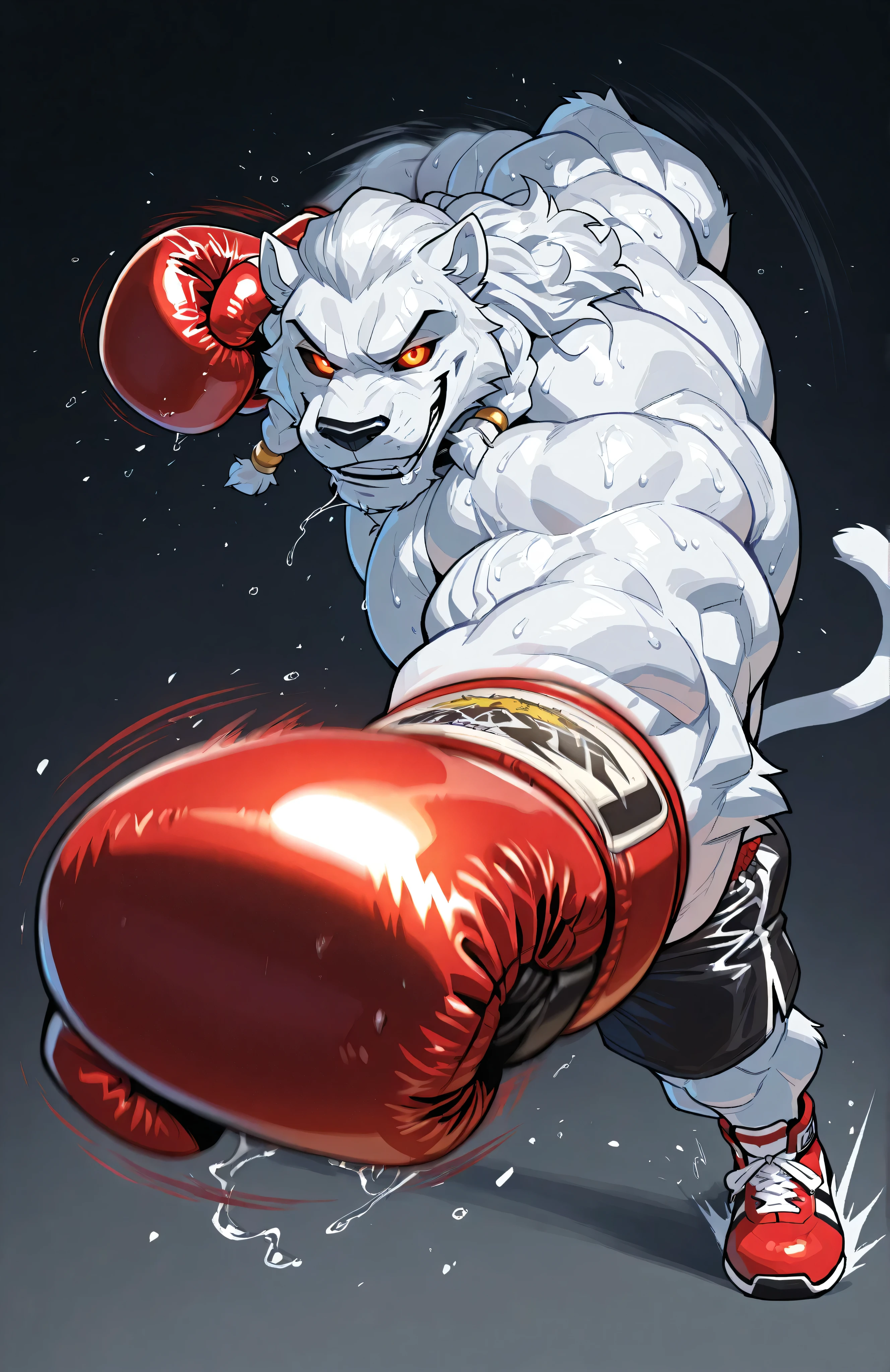 solo, 1boy, full body, correct anatomy, ThokkIN, furry, anthro, masculine, tough face, detailed face, detailed glowing eyes black sclera orange pupils, very muscular, athletic body, broad shoulders, thick arms, small head, smile, drooling saliva, sweat dripping, topless, boxing trunks, boxing gloves, dynamic scene, pov_boxing, punching_the_viewer, outstretched arm, big boxing glove in front, movements lines, motion blur, simple background