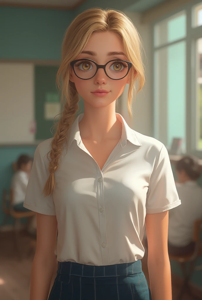 In a classroom, Elsa from Frozen, a young blonde woman exudes confidence and charm. She sits at a desk, her posture relaxed yet poised. Her attire is a mix of professionalism and style—a crisp white blouse paired with a black leather skirt and red sneakers that add a pop of color. A pair of glasses perch on her nose, adding an intellectual touch to her look. In her hand, she holds a pen, perhaps jotting down notes or preparing for a class. The desk in front of her is cluttered with various items, each telling a story of its own. A book sits open, its pages filled with knowledge waiting to be imparted. The backdrop to this scene is a chalkboard, its surface covered in writing. It’s as if the room itself is a canvas on which lessons are painted and ideas come to life. The woman’s gaze is directed toward the camera, engaging the viewer in a silent dialogue. Every object in the room, every detail in the image, contributes to painting a picture of a day in the life of a teacher. It’s more than just an image; is a snapshot of dedication, passion and tireless pursuit of knowledge.