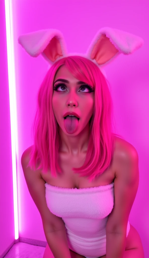 full naked, sitting with legs open. 10 year old girl, 10 year old girl in a nightclub, pink wig. men in the background, 10 year old girl. small breasts. skinny girl