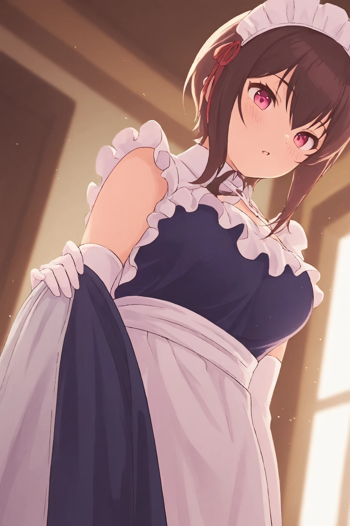 (masterpiece, Highest quality), One girl, Yunyun,Long Hair,Braiding,Twin tails,Hair between the eyes,Hair Ribbon,hair ornaments,Large Breasts,(Cape:1.2),tie,shirt,pink shirt,Long sleeve,belt,Pink Skirt,pantyhose,loafers,Brown footwear, ((spread pussy:1.3)), ((Magic Room:1.3)), Angle from below, Dutch Angle, ((Back view:1.3)), smile