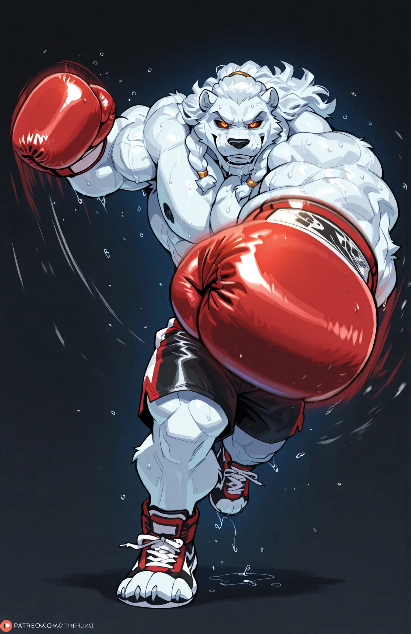 solo, 1boy, full body, correct anatomy, ThokkIN, furry, anthro, masculine, tough face, detailed face, detailed glowing eyes black sclera orange pupils, very muscular, athletic body, broad shoulders, thick arms, small head, smile, drooling saliva, sweat dripping, topless, boxing trunks, boxing gloves, dynamic scene, pov_boxing, punching_the_viewer, outstretched arm, big boxing glove in front, movements lines, motion blur, simple background