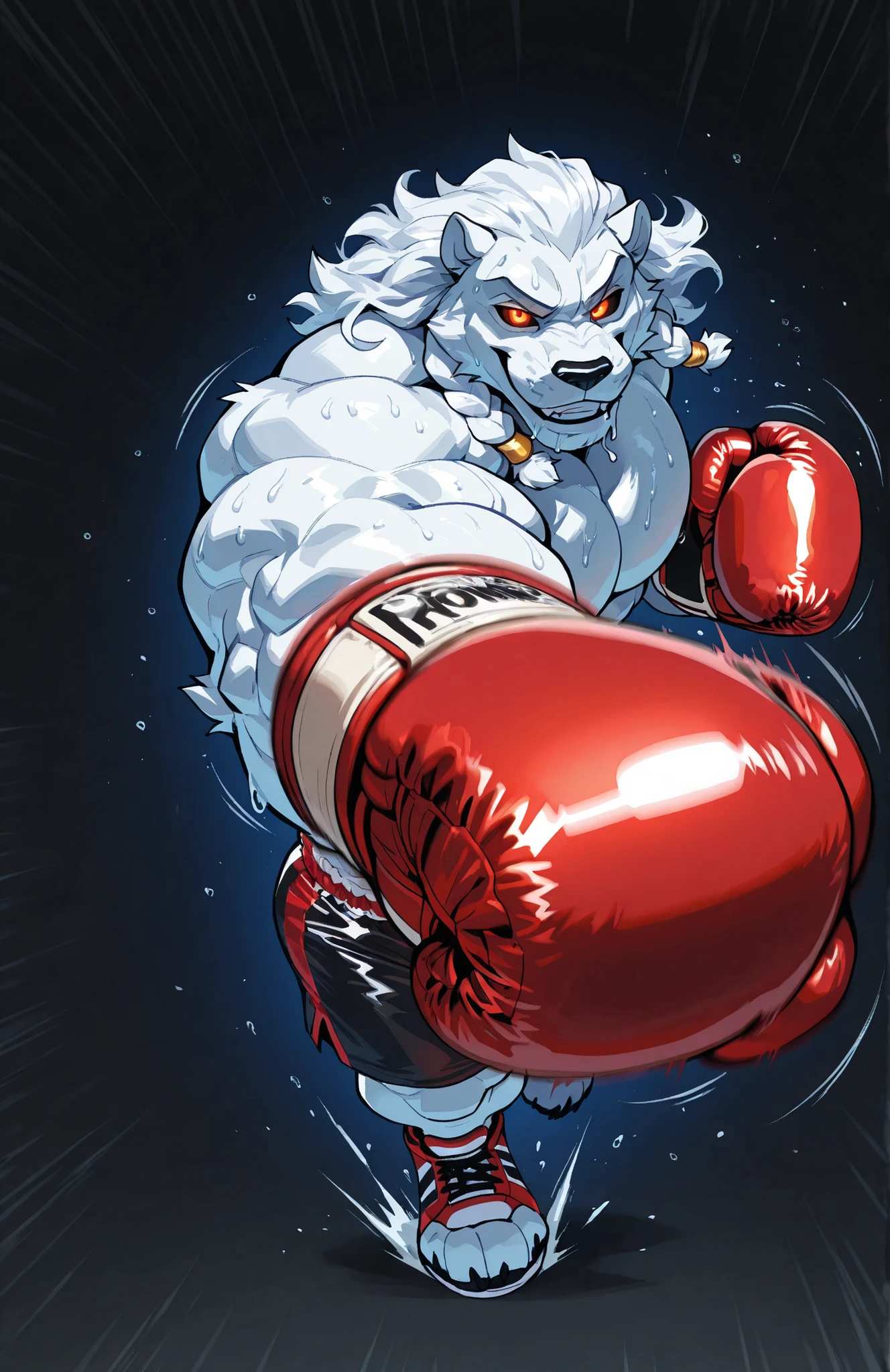 solo, 1boy, full body, correct anatomy, ThokkIN, furry, anthro, masculine, tough face, detailed face, detailed glowing eyes black sclera orange pupils, very muscular, athletic body, broad shoulders, thick arms, small head, smile, drooling saliva, sweat dripping, topless, boxing trunks, boxing gloves, dynamic scene, pov_boxing, punching_the_viewer, outstretched arm, big boxing glove in front, movements lines, motion blur, simple background