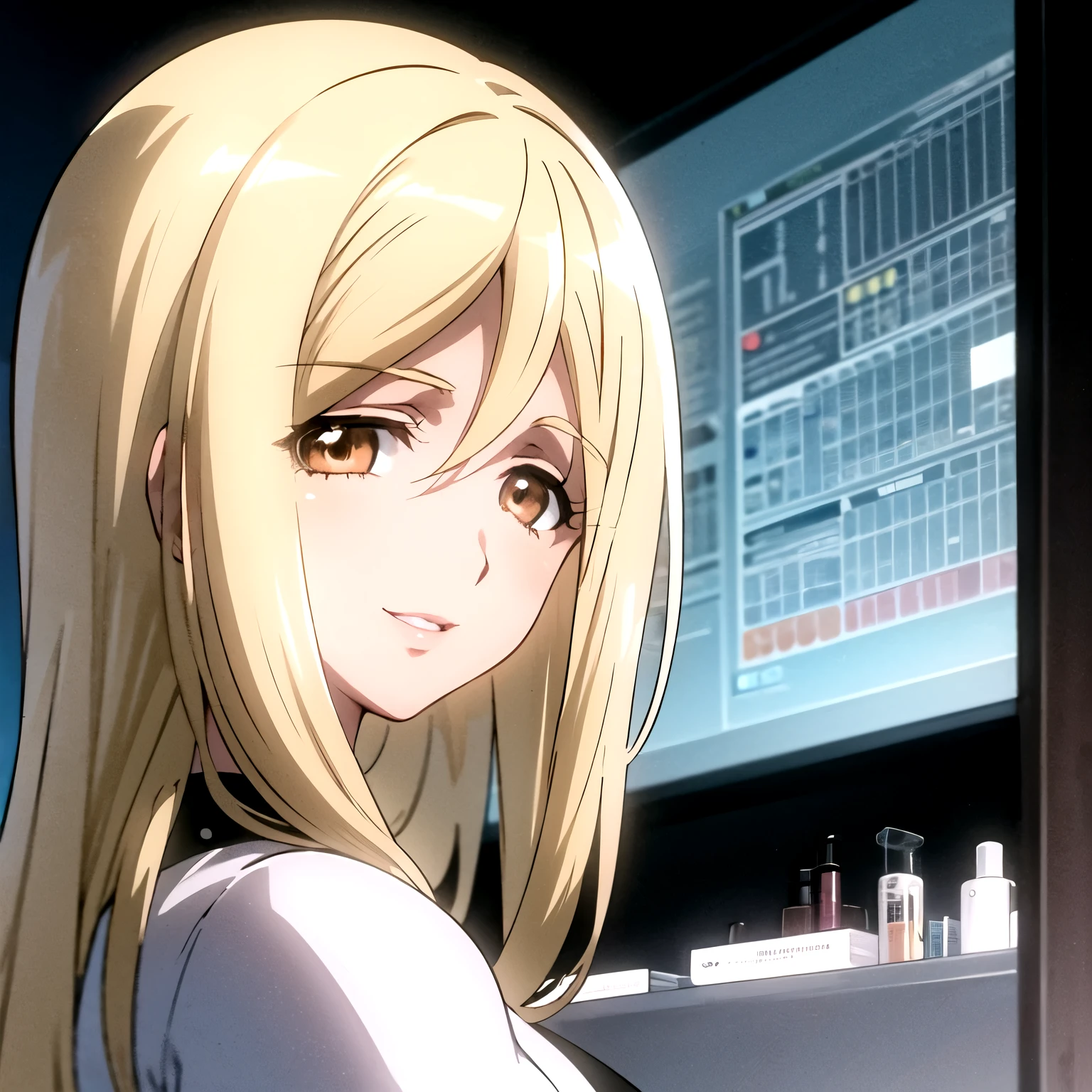 masterpiece, best quality, highly detailed, 1woman, mature female, blonde hair, military nurse uniform, professional attire, cold calculating smile, (perfect face details:1.2), research facility background, medical equipment, clinical lighting, confident pose, analytical gaze, sophisticated atmosphere, file folders, medical charts, (syringe and medical tools), pale skin, thin frame, professional hairstyle, evening lighting, dark laboratory, (sinister undertones:1.1)