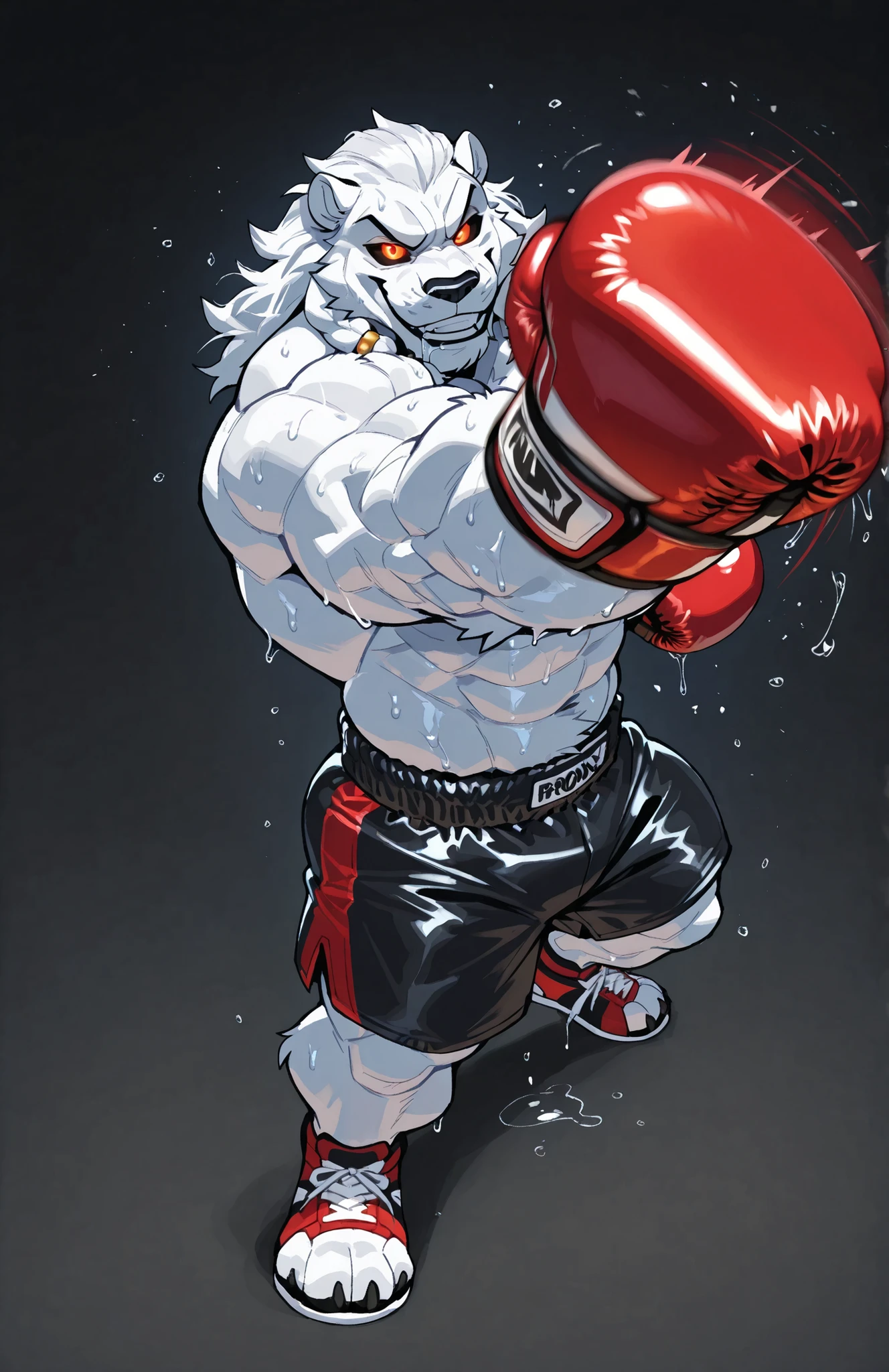 solo, 1boy, full body, correct anatomy, ThokkIN, furry, anthro, masculine, tough face, detailed face, detailed glowing eyes black sclera orange pupils, very muscular, athletic body, broad shoulders, thick arms, small head, smile, drooling saliva, sweat dripping, topless, boxing trunks, boxing gloves, dynamic scene, pov_boxing, punching_the_viewer, outstretched arm, big boxing glove in front, movements lines, motion blur, simple background