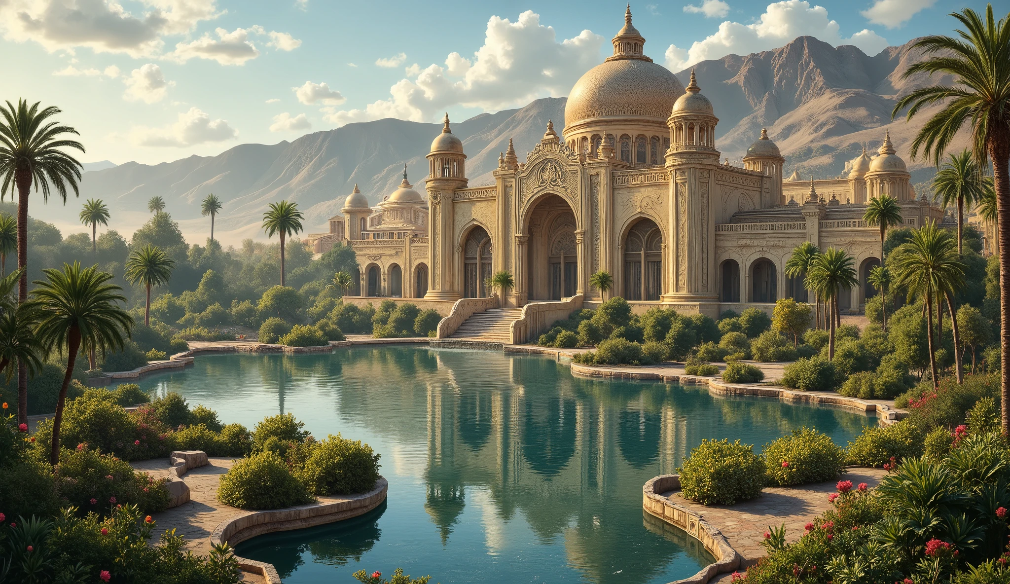 masterpiece, highly detailed, ultra realistic, professional, an Arabian palace, large and luxurious, decorated with lush greenery, beautiful dessertscape, a large pond in front