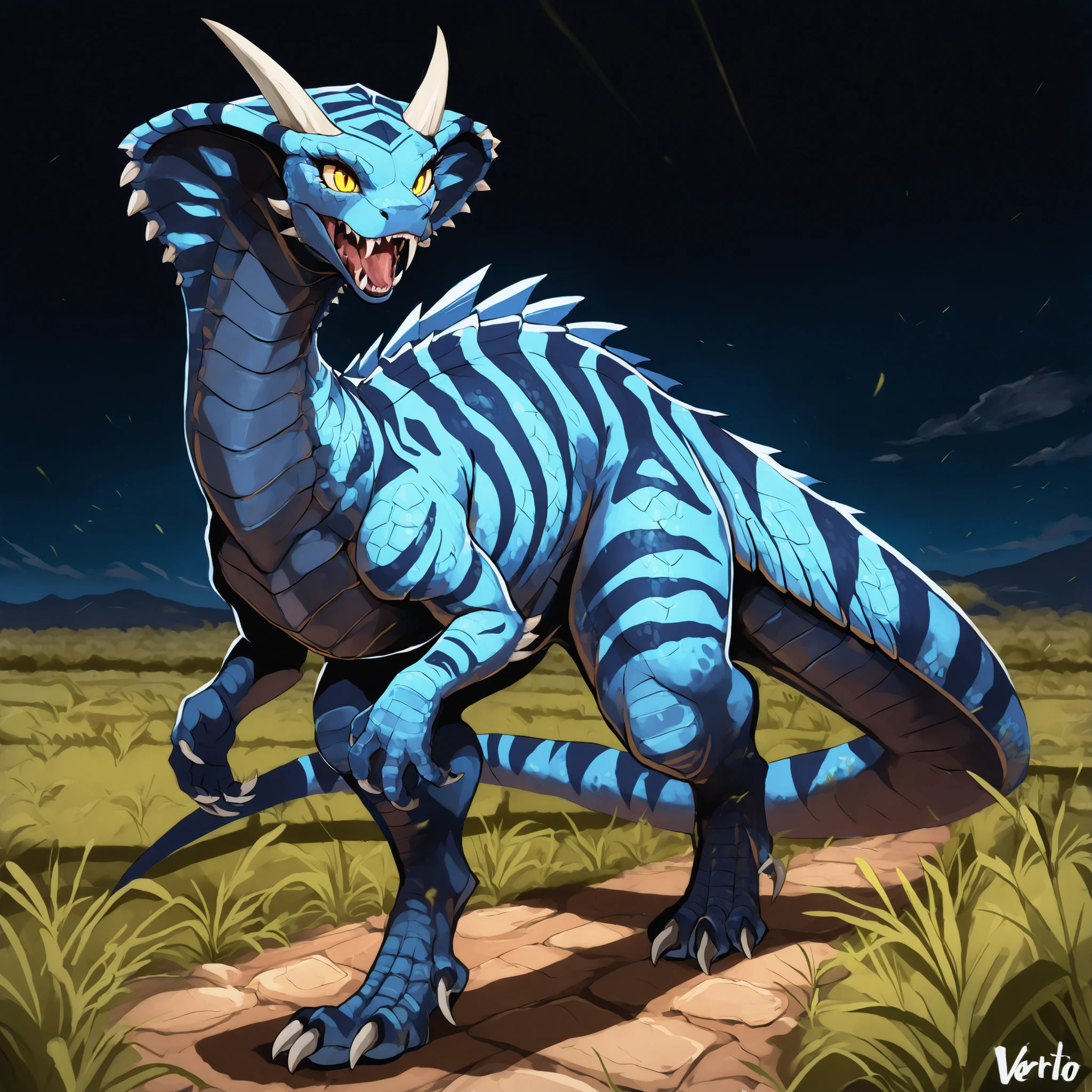 masterpiece, best quality, anime shading, full body picture, centered, vertigo, female, dinosaur, (cobra), claws, fangs, (horns), yellow eyes, overlapping chest scales, dark blue scaled body, blue striped body, digitigrade legs, walking through the grassy plains, at night