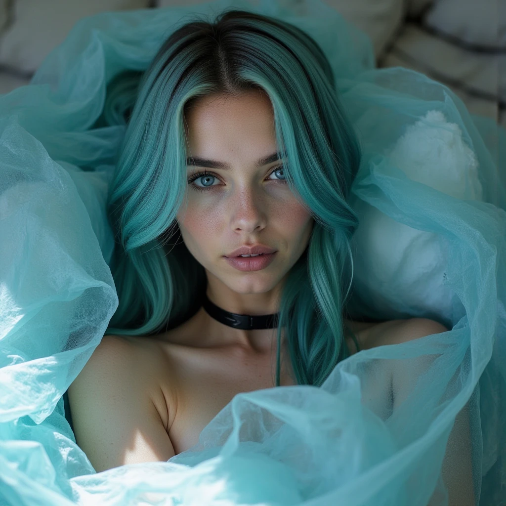 40 éves nagyon nagy mellű kreol bőrű, green hair gray blue eyes. woman lies in a four-poster bed. Naked with big perky nipples.