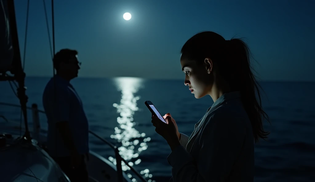 In the warm glow of sunrise or sunset, an individual sits inside a ferry or boat cabin. Their hair is neatly tied back in a ponytail, and they wear a striped shirt with a visible collar, layered under an olive green jacket. The cabin window reveals water and part of a pier outside. The person holds a smartphone, engrossed in its screen, while soft shadows dance within the cozy space. A ‘No Smoking’ sign on the window adds authenticity. Capture this scene from a medium shot at eye level, emphasizing the everyday intersection of technology and life