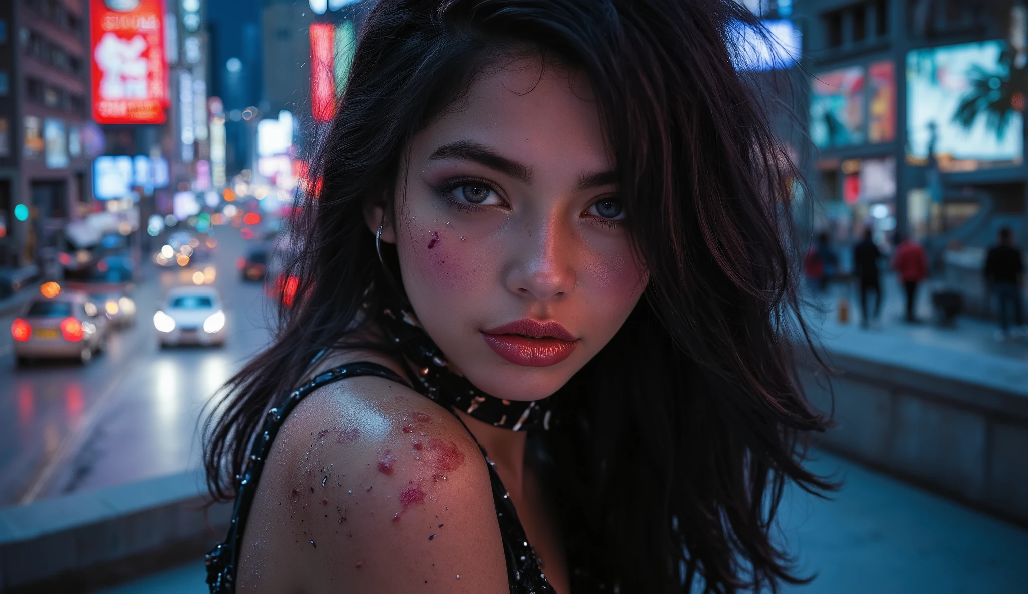 g1n4v4l3ntn4 , Gina Valentina as a beautiful  lady, (masterpiece, of the highest quality, Best quality, digital art, Beautiful and aesthetic:1.2),(1girl in:1.4),close up portrait, skin texture style, realism, detailed, (Fractal art:1.3),(Colorful:1.5), highest details, (corrected:1.2), (neon light background:1.4), (Neon City:1.75), (Neon Lighting:1.5), Midjourney_Whisper , A hyper-realistic portrait of a stunning supermodel, featuring a beautifully detailed face with captivating eyes and a serene expression, Her hair is styled in an intricate and unique fashion, adding to her ethereal and timeless aura ,The lighting enhances her features, creating a soft interplay of light and shadow, while the high-resolution quality captures every detail with photorealistic clarity, latex outfit, visible inner thighs and belly, Dark Night time, , (Gothic_ta:1.2), high-heels(:0.75), Makeup, Blush, (Cyberpunk:1.4), ((view the viewer:1.3)), Straight smooth silky long black hair, model hairstyle, Sunburn, Colossal , Full body portrait of girl,  rich colors hyper realistic lifelike texture dramatic lighting unreal engine trending on Artstation cinestill 800, above roof, rooftop night city background,  lying down position, front look