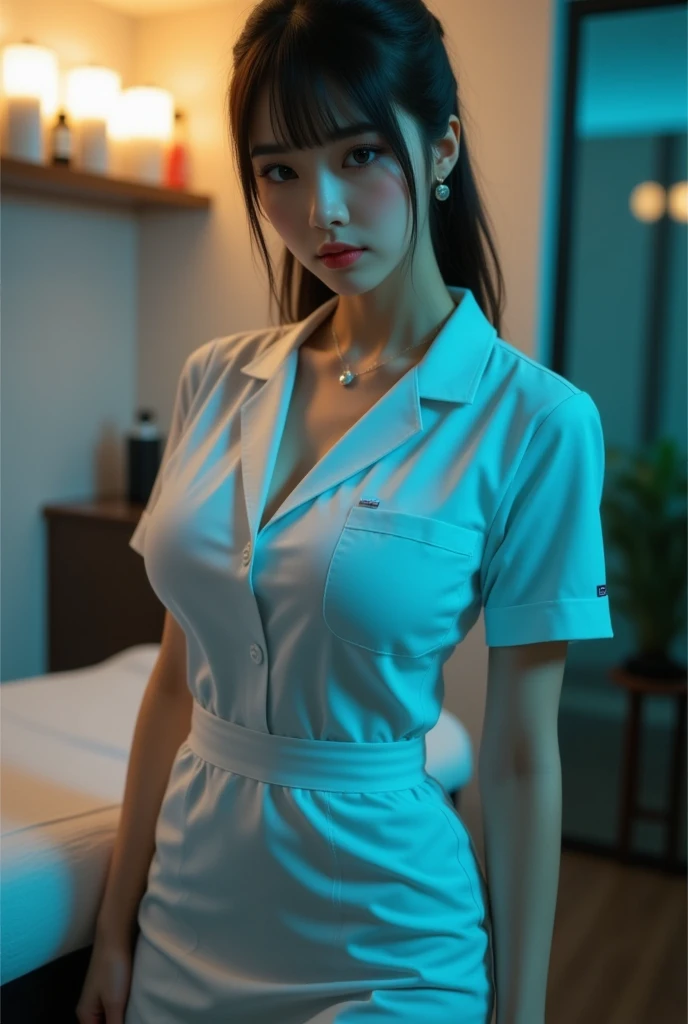 NSFW, full , (8yk、Raw photo、photographrealistic,(Ideal ratio body proportions):1.5),(Vulgarity:1.5),((Best Quality, 8K, masutepiece: 1.3)), sharp: 1.2, Perfect Body Beauty: 1.4, Slim abs: 1.2, ((Layered Hair Style, Small breasts: 1.2)), pink areolae, (sexy white button long shirt,Low-rise miniskirt: 1.1), ( Massage parlor: 1.2), Highly detailed face and skin texture, Detailed eyes, Double eyelids, Looking at the camera,(Touching a man:1.2)