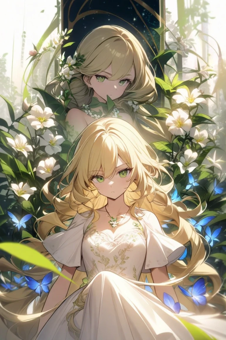 anime girl in a white dress with long blonde hair and a green and white dress, anime goddess, palutena, the goddess artemis smirking, lady palutena, portrait knights of zodiac girl, official art, ((a beautiful fantasy empress)), the godess hera looking angry, blonde anime girl with long hair, ancient goddess, anime visual of a cute girl --auto --s2