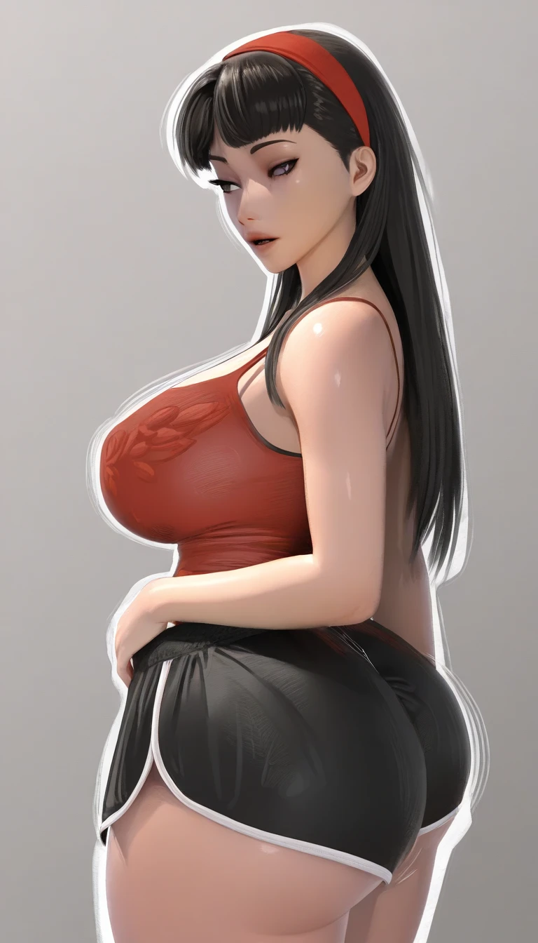 Ambient, 8K, photo shot from above, full body portait, highly-detailed, girl standing with both hands on chest, topless, shy, blushing, stockings, straight black hair, [Ahri|Lux], in a clean and simple setting, with rich and warm colors, blurred background, Neon lighting