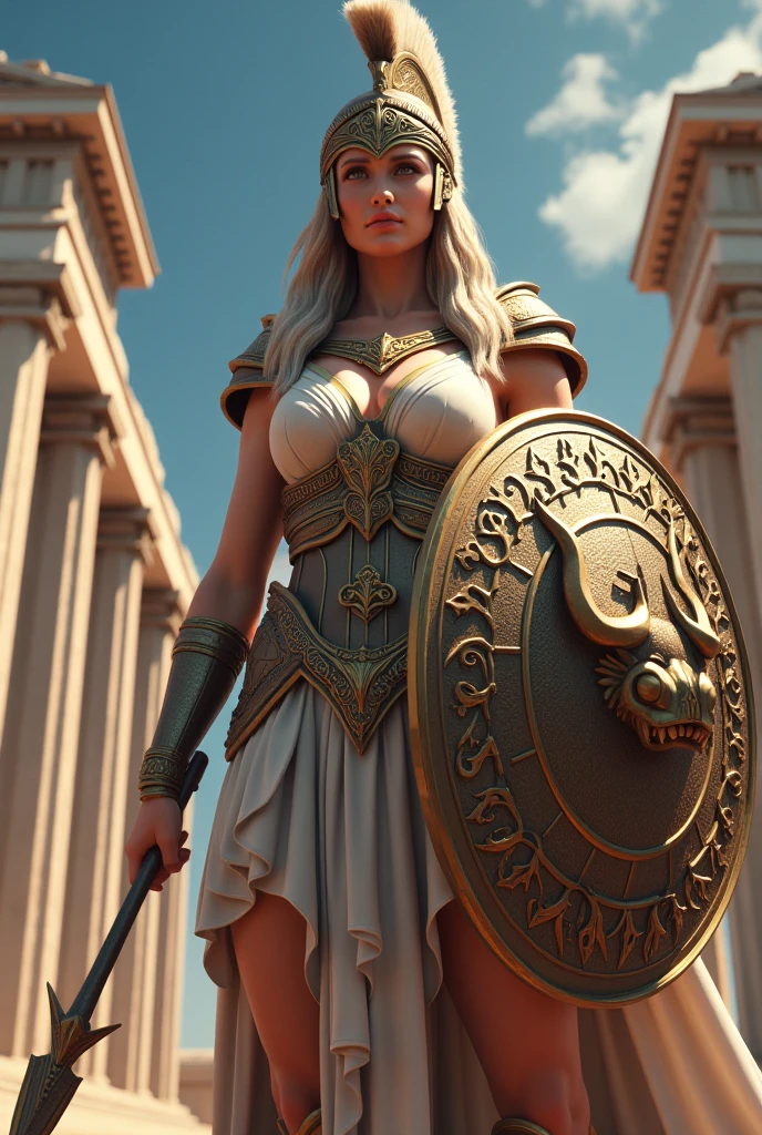 (anime style, high detail, colossal Greek statue of Athena, warrior goddess, intricately detailed armor, sculptural beauty, standing tall with a spear and shield, ancient temple background)