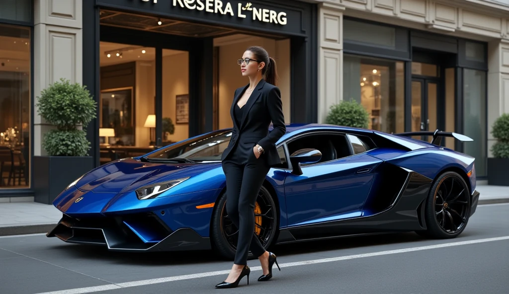 Create a fashion poster featuring a woman wearing a blazer, standing next to a luxury Lamborghini in front of an elegant building. The building should display branding for the N'Lin fashion store. The overall image should embody the sophistication and high-end fashion aesthetics seen in campaigns by brands like Zara, Chanel, and Gucci. The poster should emphasize the luxurious and stylish nature of the blazer, with a modern, chic composition. Ensure that the N'Lin brand name is clearly visible on the building, reinforcing the brand's upscale identity. The design should be sleek, with a focus on elegance and fashion-forward appeal