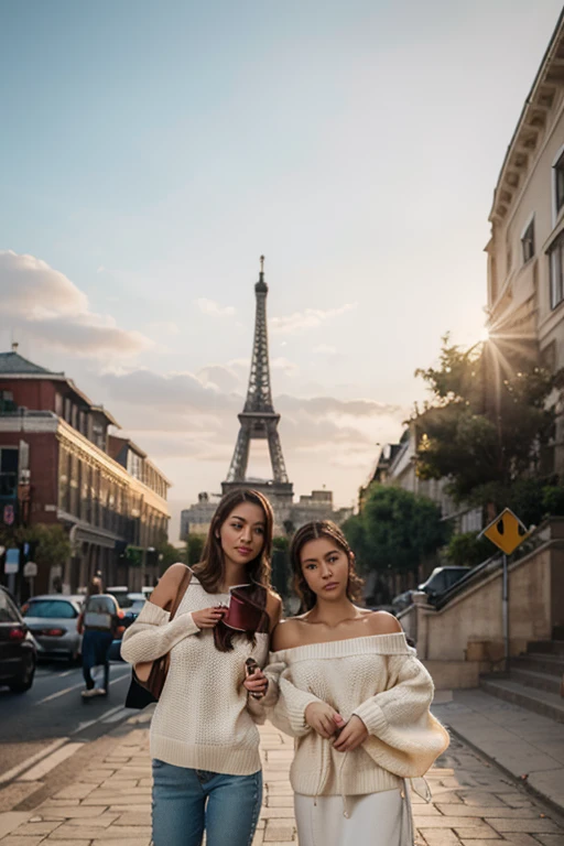 (photorealism:1.2), one lady who has pure black hair and the length of her hair is below her shoulders, (Faye Malisorn) standing infront of the eiffel tower and one woman with short hair and the color off her hair is brownish blonde with chinita eyes and pointy nose her lips is not that thick nor thin standing with the lady
