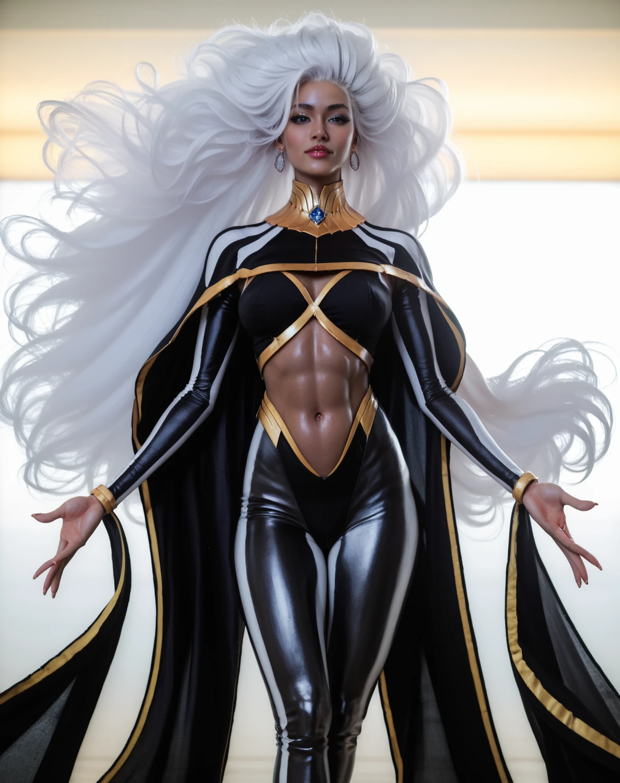 (dark skin: 1.6), (New York: 1.4), (time square: 1.3), (Day with Thunder and Lightning: 1.5), Storm, also known as Ororo Munroe, is a Marvel character with a remarkable appearance. She is a dark-skinned woman with a pretty face and perfect features, with bright white eyes and long silver hair that flows like a storm. Her height and size are impressive, conveying a majestic presence. Her iconic costume consists of a white leather outfit that clings to her body, accentuating her curves, with gold details including a high collar and long gloves. She wears a cape that extends to her ankles, reminiscent of the clouds of a gathering storm. Storm also sports dangling earrings and a gold belt. Her clothes evoke a balance between elegance and power, reflecting her ability to control the natural elements, especially the weather. (athletic body: 1.5), (Bright white outfit coru leotard: 1.5), (average breasts: 1.3), (hanging breasts: 1.3), (full breasts: 1.3), (realism:1.5), (Realisitc:1.4), (Absurdity:1.4), 8k, ultra-detailed, Detailed beautiful woman, (only:1.4), 1girl, (Viewer facing:1.2), (Day with storm and lightning: 1.5), Intricate body details, (Curvy: 1.3),(short:1.3)