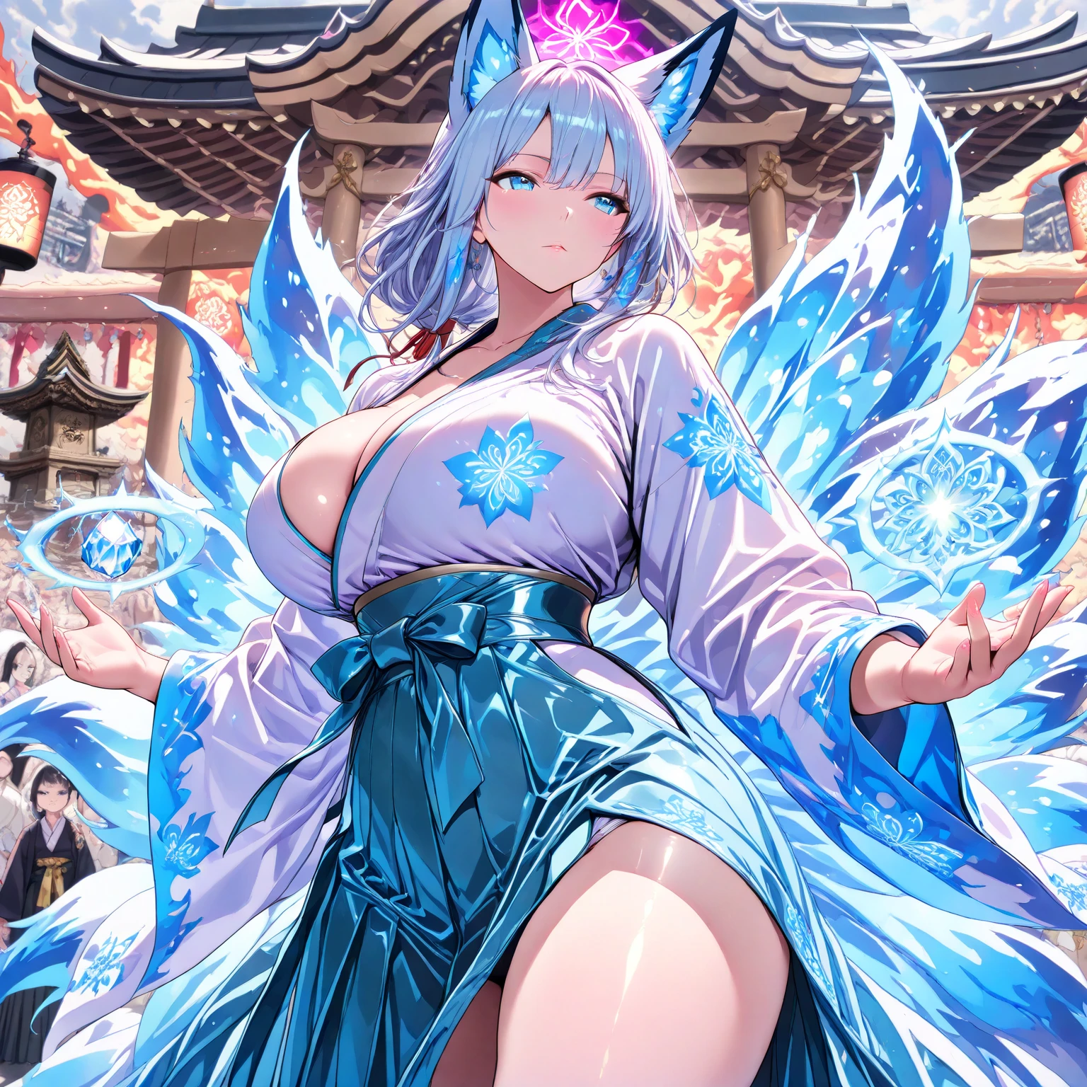 Create fox with nine tails human girl, anime, blue hair, Chinese clothing with neckline, with large breasts. --auto --s2