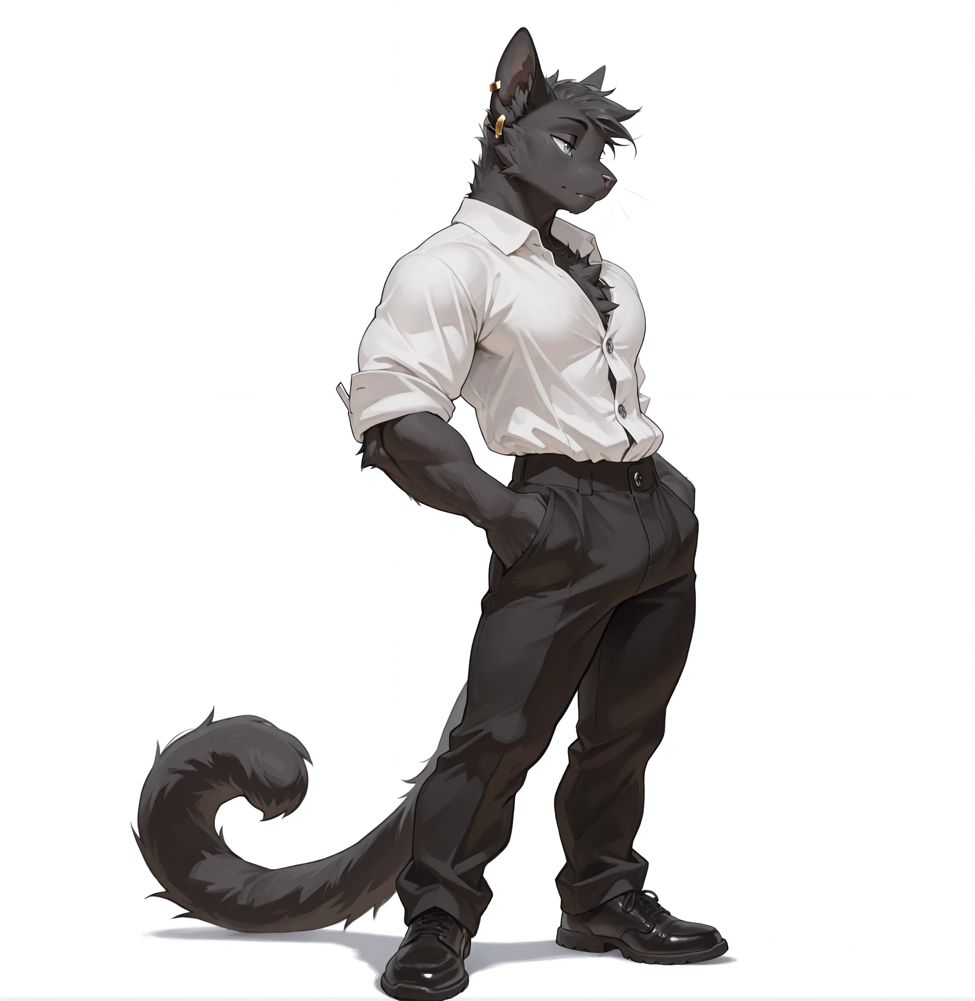 masterpiece, best quality, anthro cat with all black fur, male, solo male, tall, (smooth body), smooth body, grey eyes, gold earrings, lean modest muscular figure, (full body), wearing button up shirt and black pants,