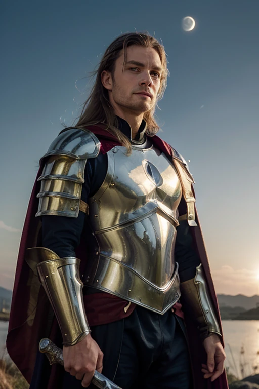 (masterpiece, photorealistic:1.4, extremely intricate:1.3), (photon mapping, radiosity, physically based rendering, ultra resolution, hyper-realistic, photorealistic:1.4, hyper-realistic, 8K), muscular man, ((black chrome late renaissance armor:1.4, chrome rivets (torso photograph), breastplate, red cloak), showing off his bulge, metal reflections, outdoors, medieval battlefield, intense sunlight, far away castle, moat, (blonde hair, dynamic pose), sharp focus, dramatic, award winning, cinematic lighting, (film grain, bokeh, interaction)