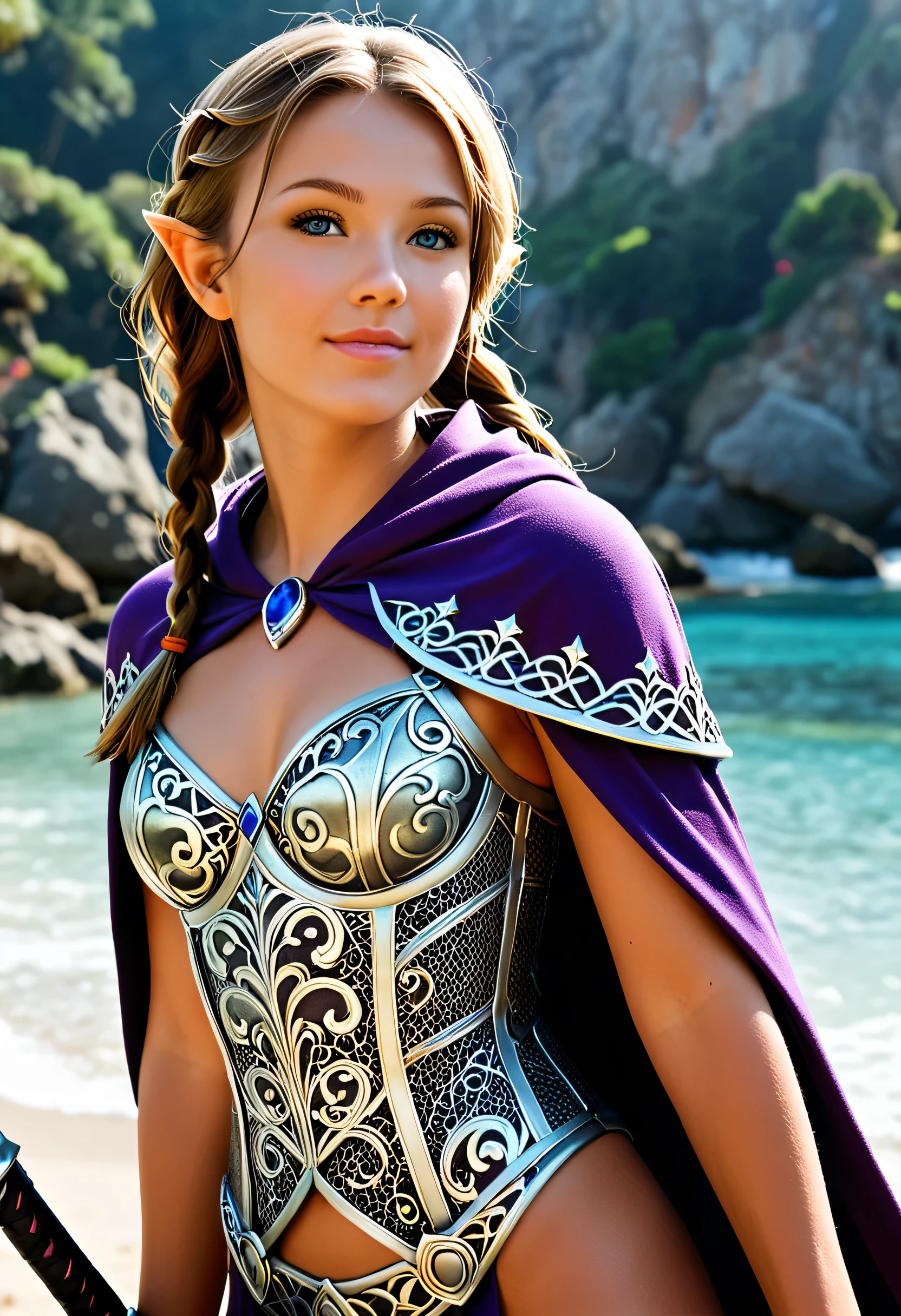 a picture of a female elf, fantasy swashbuckler, fantasy fencer, armed with a slim sword, shinning sword, magical sword, metallic shine, colorful clothes, full body, epic beautiful female elf, nlond hair, braided hair, small pointed ears, wearing  purple cloak, long cloak, wearing elven leather armor, sense of daring, sense of adventure fantasy street, high details, best quality, 16k, [ultra detailed], masterpiece, best quality, (extremely detailed), dynamic angle, ultra wide shot, photorealistic, RAW, fantasy art, realistic art,((best quality)), ((masterpiece)), (detailed), perfect face, fantasy, Cinematic Shot, dvr-hgh-fnt, runemagic, light and shadows by reij-shdwgms