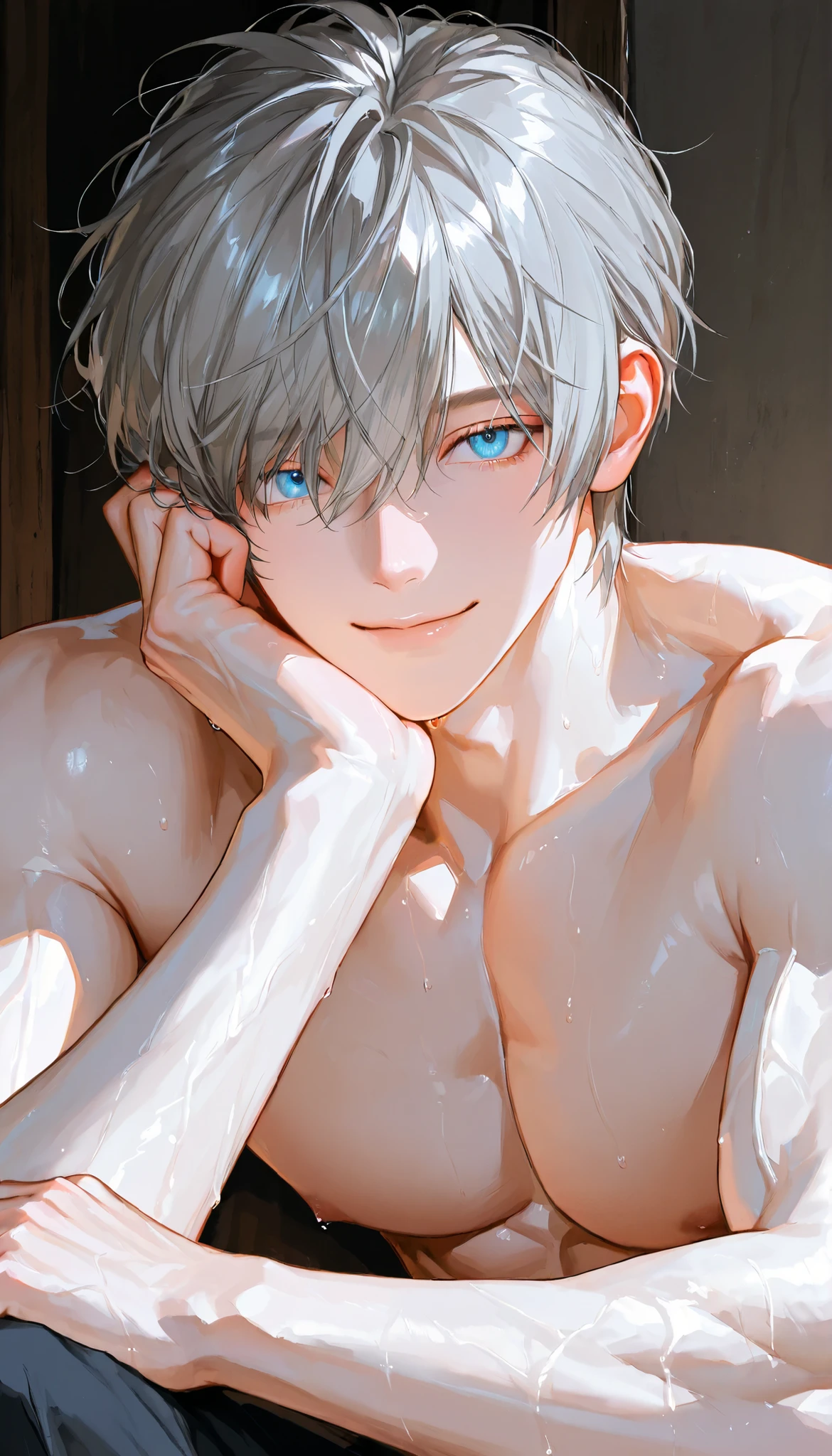 (absurdres, highres, ultra detailed, HDR), masterpiece, best quality, a boy, 10 yo, solo, handsome, short hair,spiky hair, white hair, blue eye, finely eye and detailed face, real shadow, topless, full body, white towel around his waist, home style muji, on bathtub, mood alone