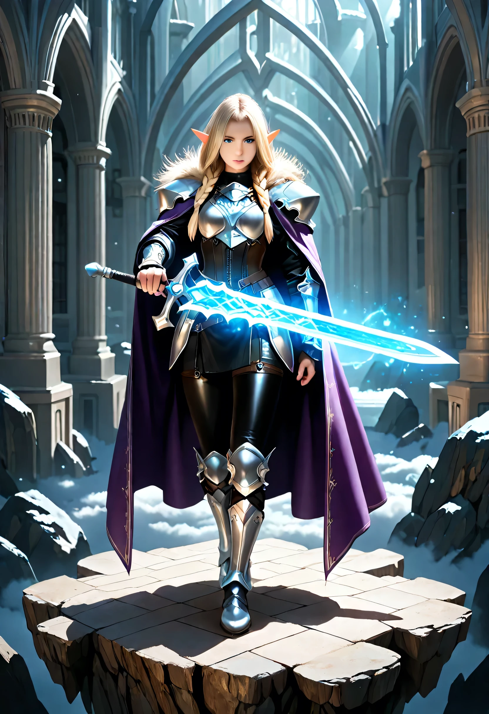 a picture of a female elf, fantasy swashbuckler, fantasy fencer, armed with a slim sword, shinning sword, magical sword, metallic shine, colorful clothes, full body, epic beautiful female elf, blond hair, braided hair, small pointed ears, wearing  purple cloak, long cloak, wearing elven leather armor, sense of daring, sense of adventure fantasy street, high details, best quality, 16k, [ultra detailed], masterpiece, best quality, (extremely detailed), dynamic angle, ultra wide shot, photorealistic, RAW, fantasy art, realistic art,((best quality)), ((masterpiece)), (detailed), perfect face, fantasy, Cinematic Shot, dvr-hgh-fnt, runemagic, light and shadows by reij-shdwgms