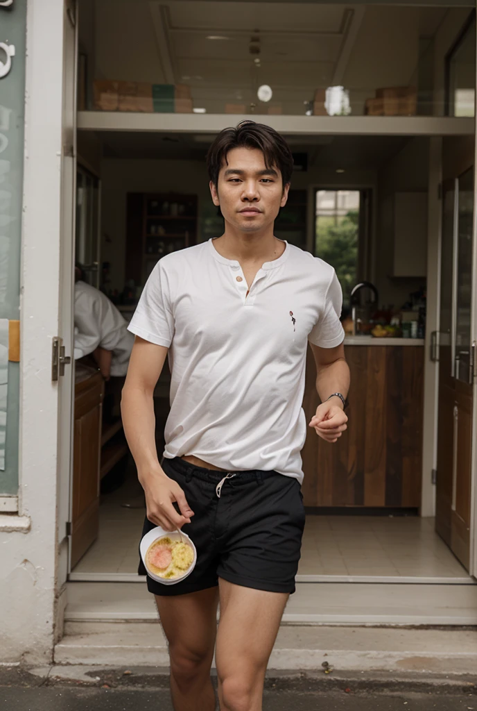 Male, Thai, age 55, oval shaped face, short, slightly dark hair, wearing a yellow t-shirt, smiling, good-looking, slender. Fried squid menu. Sitting and eating at a restaurant (at 8:00 p.m.), behind there were many people eating.