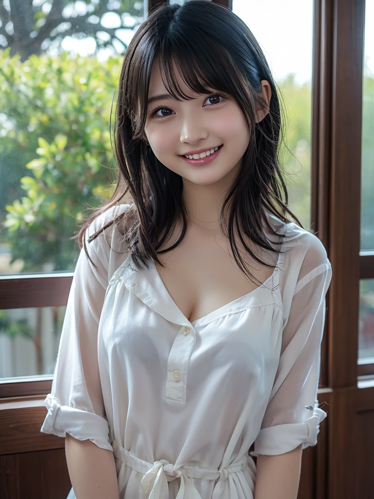Produce the highest quality and highest resolution 8K images。The model is a 20-year-old Japanese woman.。The image depicts a person smiling at the camera and taking a commemorative photo at a tourist spot.。Draw the whole body of the model。She has brown eyes and a model figure.、She has an idol-level cute face.。The hair is curly。Skin has a healthy color。What to wear、She&#39;s wearing a T-shirt and a skirt。