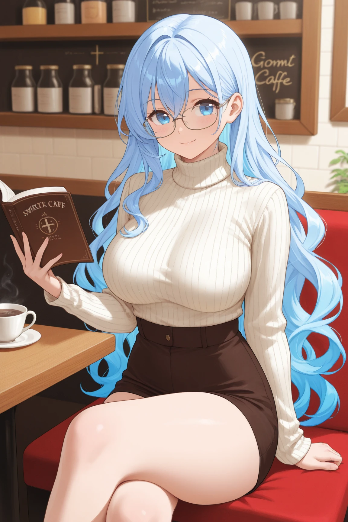 masterpiece, best quality, 1girl, <lora:doatamaki-nvwls-v1-000009:0.8> doatamaki, streaked hair, large breasts, orange sweater, turtleneck, white pants, sitting, glasses, reading book, smile