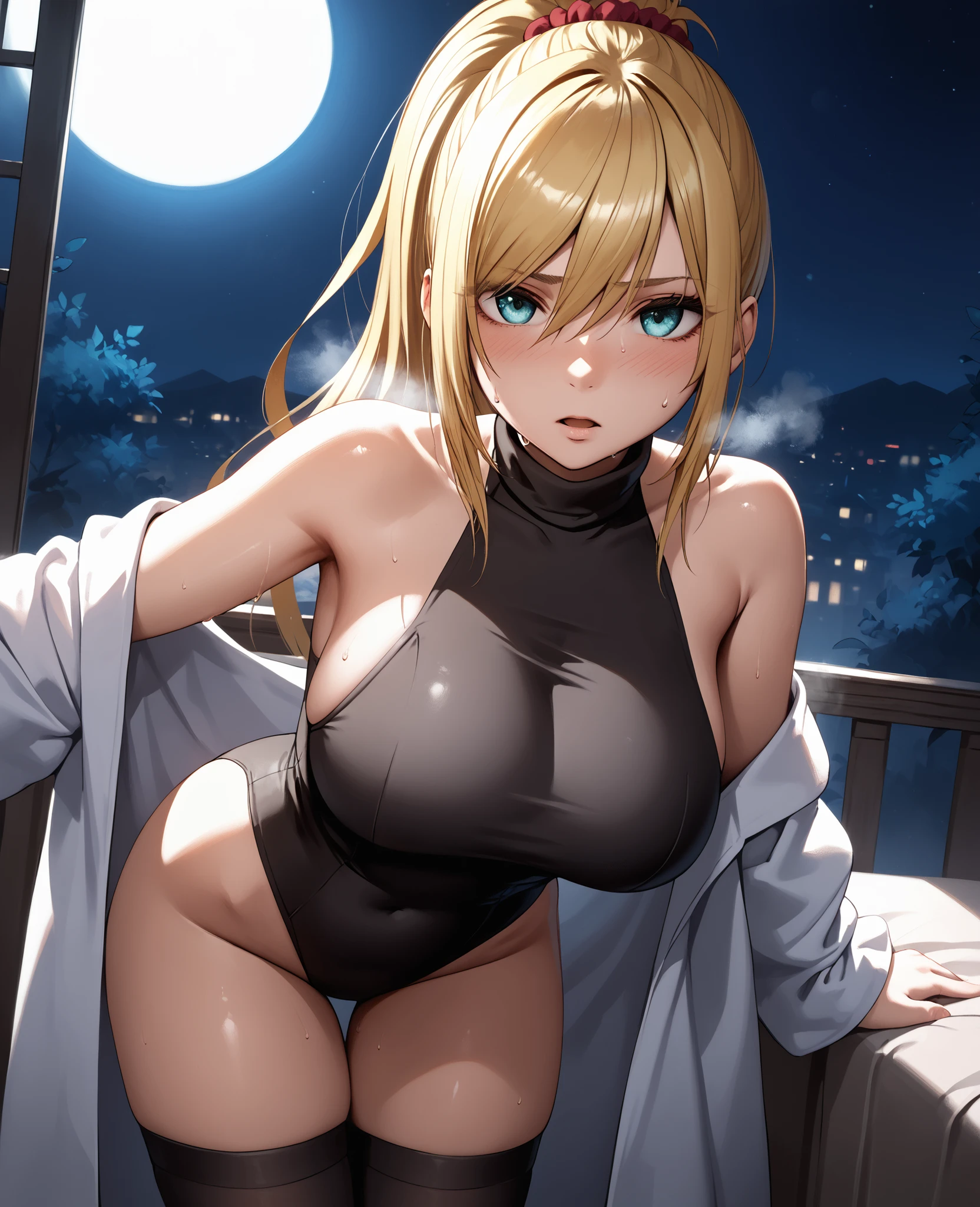 master part, high, high quality, detailed face, Detailed body, full body, 1girl, solo, nude, hinata hyuuga, blonde hair, nude shoulders, large breasts, sexy pose, dark lips, standing, blushes, landscape, night, moon and stars, nebula