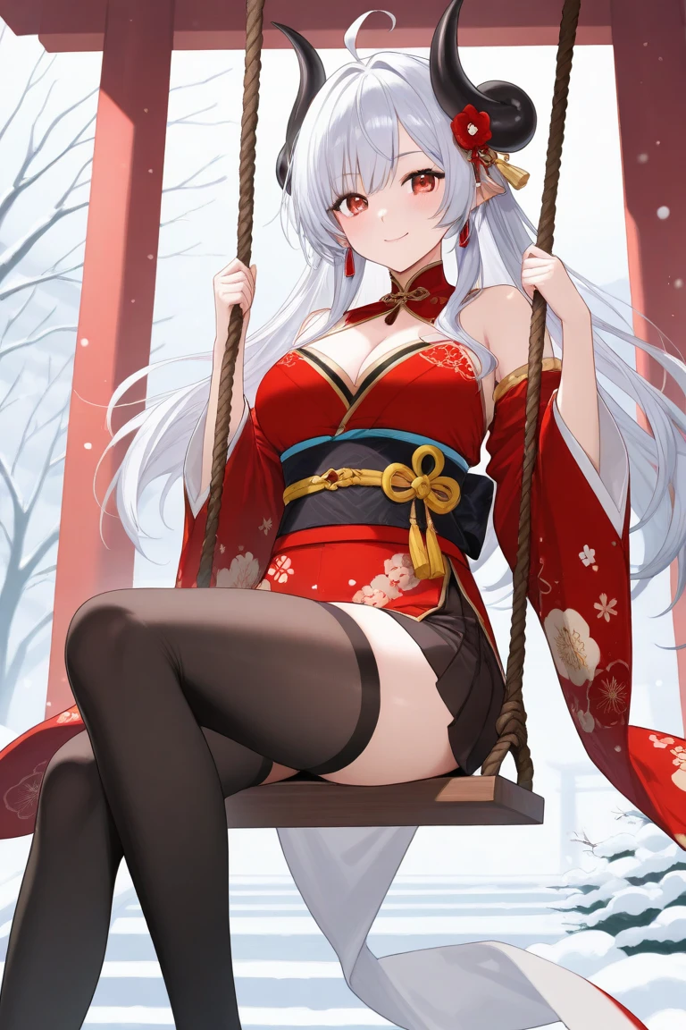 (masterpiece, best quality:1.2), (1girl, solo), 18years old, full body, white kimono, black long hair, pearl white demon horns, surprised expression, spread both arms, slipping down, (snowfield, falling snow), wide shot