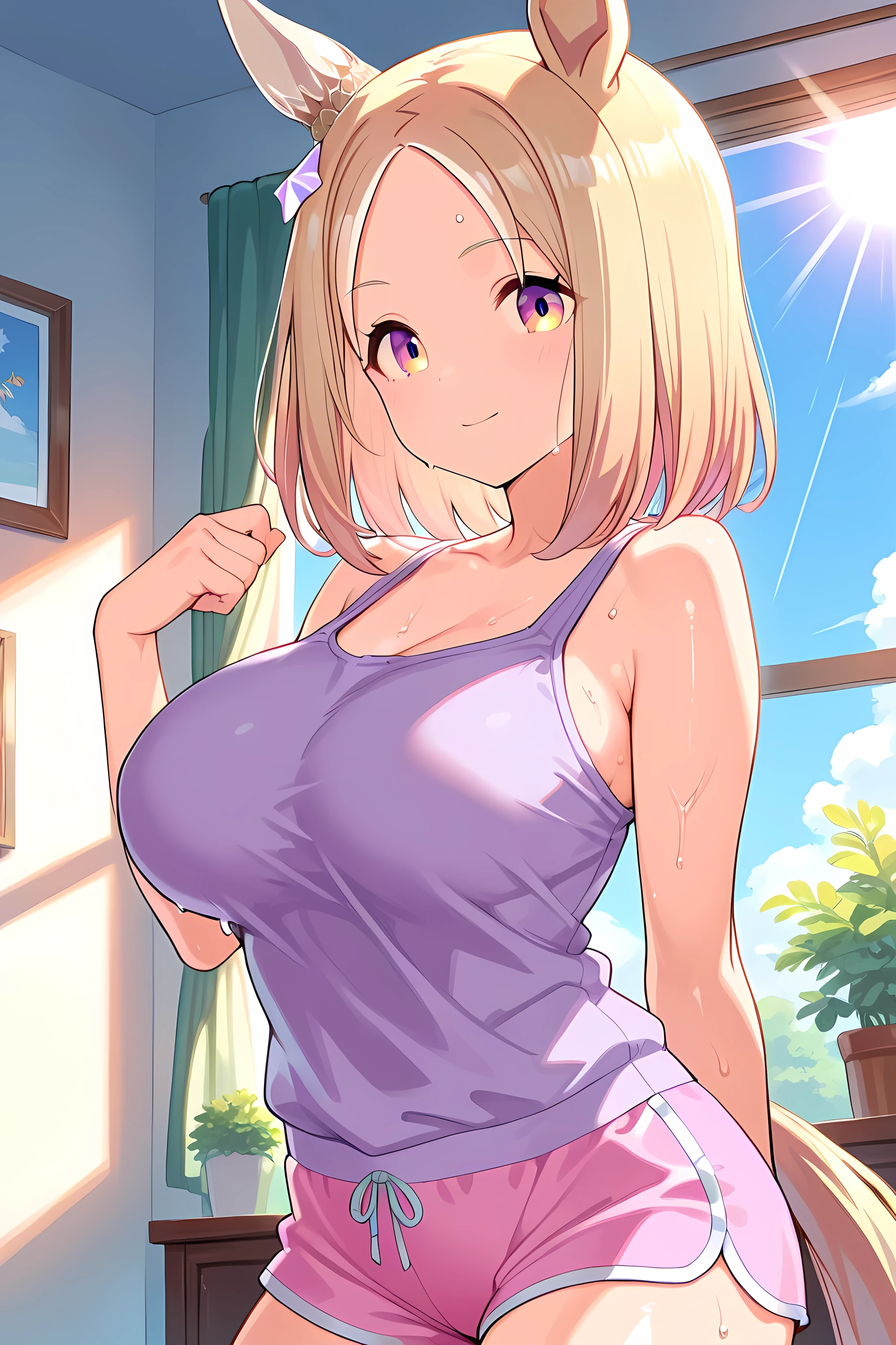 narita top road \(umamusume\),(((masterpiece))),(((detailed)))((best quality)),((hyper detailed)),(beautiful),((shinythighs)),(((shiny skin))),(high quality skin),((8k)),((high resolution)),light smile and light blush,closed mouth,very sweaty,Striking a yoga pose,room,loaded interior,blue sky,sun and sunlight,light rays,day,spring,purple color tank top, pink color dolphin shorts, from side,eye level shot,close-up,cowboy shot,looking at viewer