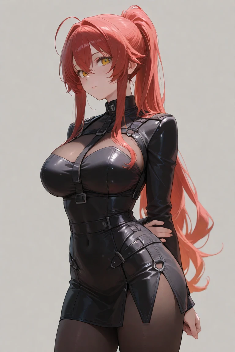 Tall beautiful woman with red hair and yellow eyes、Extremely realistic and detailed suit costume