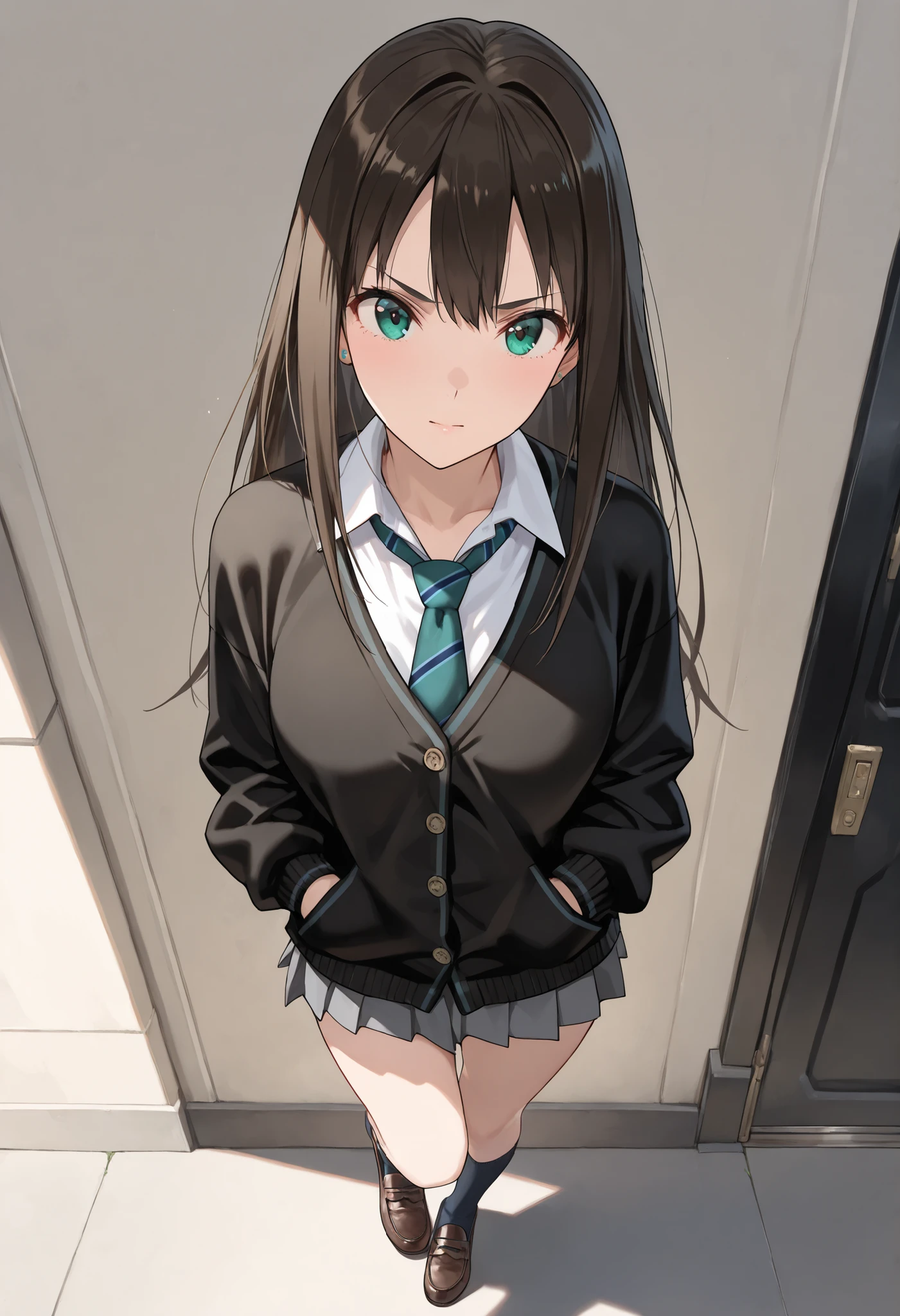 Shibuya Rin,solo, hyperdetail face,Close distance、 slightly angry expression 、 black hair, Long, white blouse, black cardigan, Green ribbon tie ,socks, loafers, standing, first-person view、POV、Slightly bird's-eye view、kick a man in the crotch,raise one leg to the waist, 1 girl, woman in clothes,, full face , A smile of sexual ecstasy, hair between eyebrows, Thick eyebrows, large 胸, (masterpiece),(top quality),(ultra detail),(best illustrations),(best shadows),(Absard dress),(detailed background),(very beautiful),the background is a back alley、full body、flat color