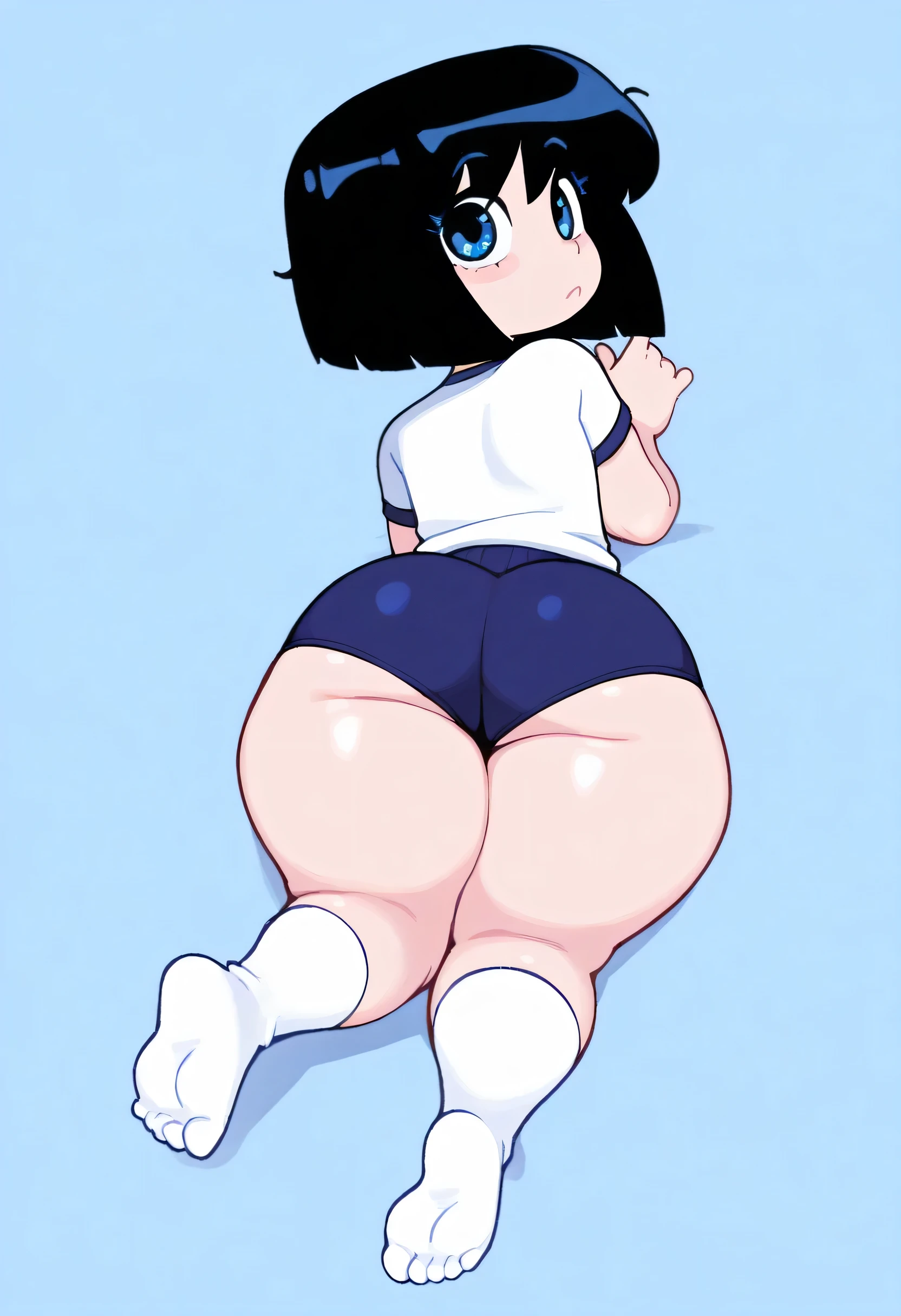 artwork, High Definition, Great detail, well-shaped face, shrinking woman, Women, lying down, whole body, big breasts, naked, short black hair, black eyes, big ass, bare feet, raised soles, blushing face in a giant hand, background skin color