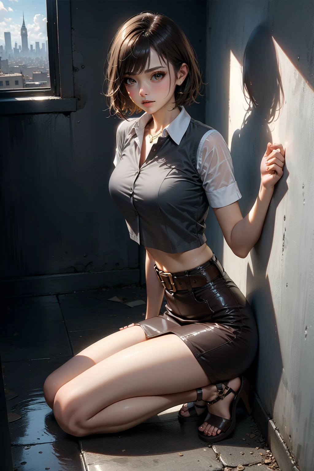 a futuristic girl in a sexy black suit with very long brown hair, Korean features, standing on the ledge of a building, industrial futuristic machine landscape, 1 girl, alone, navel, looking at viewer, plaid miniskirt, belt, stockings , smile, breasts, choker, thighs, bare shoulders, crop top, plain tight black t-shirt, stomach, abdomen, collarbone, jewelry, shirt, small breasts, cowboy photo, black choker, red eyes, closed mouth, (best quality , masterpiece, ultra detailed, illustration: 1.2), (8K wallpaper), (beautiful detailed eyes: 1.2), beautiful, amazing and detailed eyes, (detailed skin) eroticism, sexy image, black and white, between shadows, oil painting, chiaroscuro, sensual and dramatic lighting, moody atmosphere, photorealistic, intricate details, masterpiece, ultra detailed, high quality, 8k, best quality, realistic, cinematic, dark and brooding, expressionist, powerful composition, emotional impact, { {{,{pussy,spread her Pussy, cum,cum on Pussy, masterbation,straddling,},{{{back,doggystyle,penis,1boy}}} art inspired by Bill. Sienkiewicz and Dave McKean, (best quality, 4k, 8k, high resolution, masterpiece: 1.2), ultra detailed (realistic, photorealistic, photorealistic: 1.37), intricate details, vivid colors, sharp focus, professional, artwork by Dave McKean, surreal oil splash, oil painting style, portrait, woman, beautiful detailed eyes, beautiful detailed lips, dreamlike atmosphere, shadow play, soft lighting, fun pose, dark tones, ethereal background, fantasy elements, texture , layered composition.