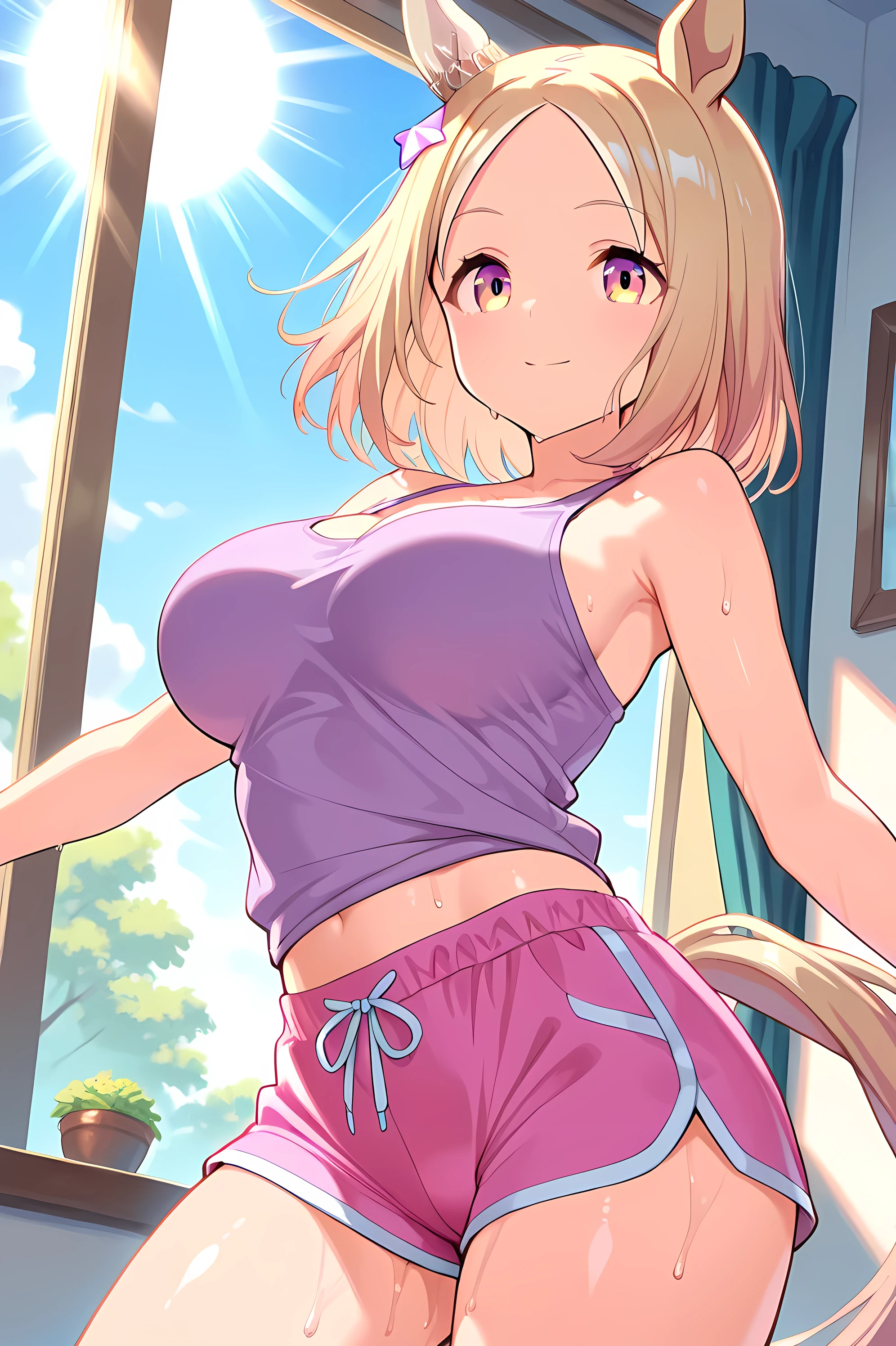 narita top road \(umamusume\),(((masterpiece))),(((detailed)))((best quality)),((hyper detailed)),(beautiful),((shinythighs)),(((shiny skin))),(high quality skin),((8k)),((high resolution)),light smile and light blush,closed mouth,very sweaty,Striking a yoga pose,room,loaded interior,blue sky,sun and sunlight,light rays,day,spring,purple color tank top, pink color dolphin shorts, from side,eye level shot,close-up,cowboy shot,looking at viewer