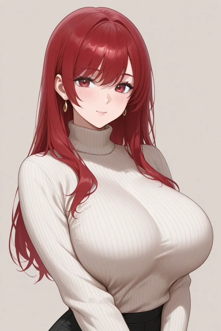1girl, solo, standing, upper body,
mature female, mature, milf, hands on hips,
red hair, long hair, messy hair,
green eyes, looking at viewer,
smile,
black sweater, ribbed sweater, jeans,
(sagging breasts:1.2), huge breasts, covered nipples,
white background, simple background,